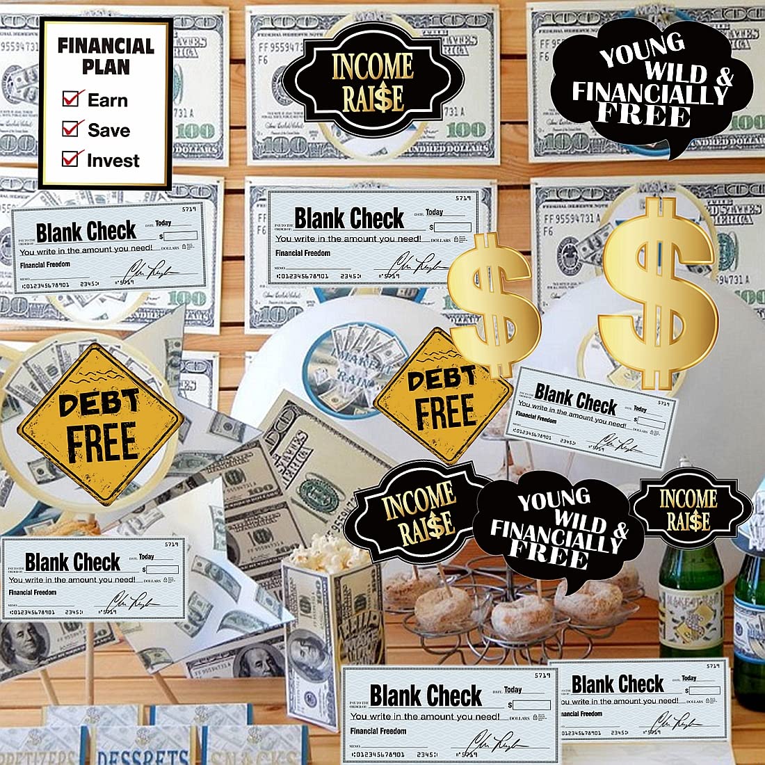YiiiGoood 24pcs(6 styles) FUN Money Theme Table Centerpiece Sticks Decorations Table Toppers Income Raise/Debt Free for Birthdays Weddings