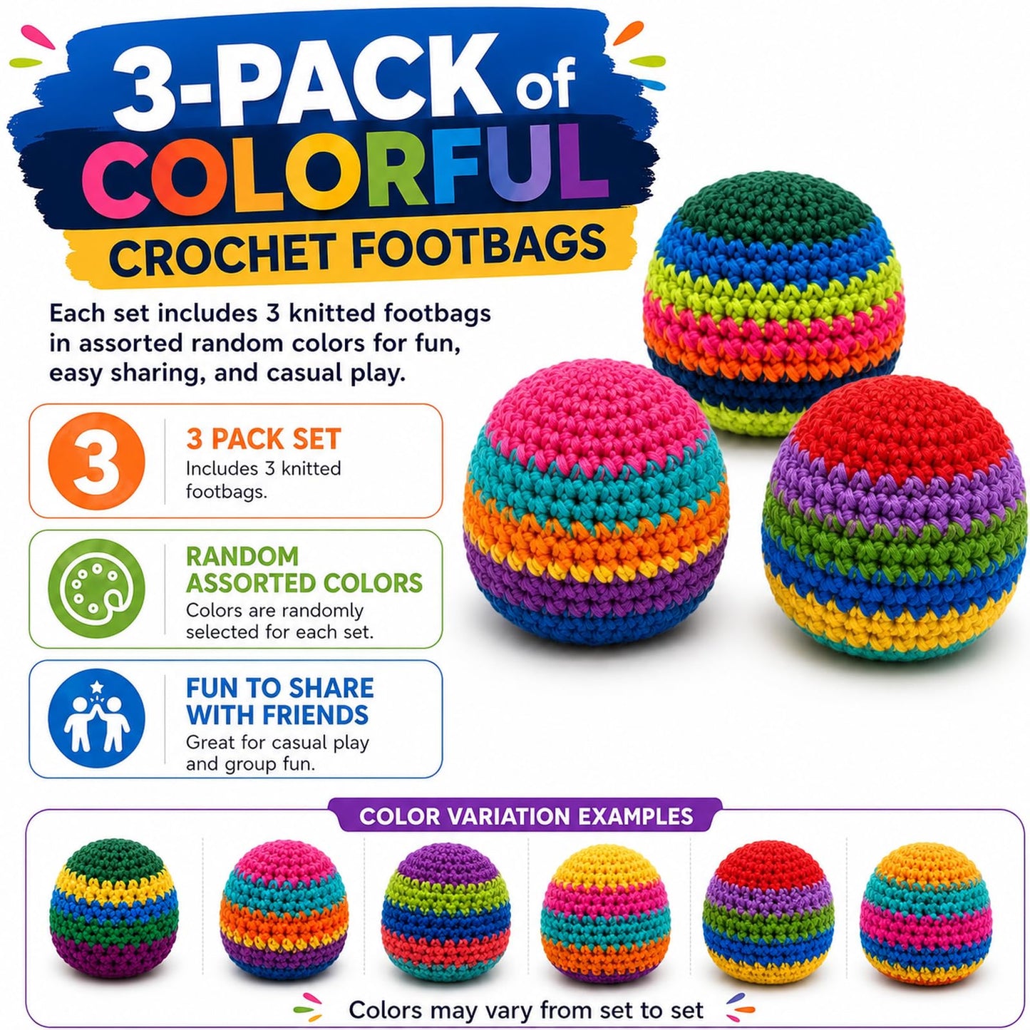 Zephrino 3 Pack Crochet Footbags, Random Colors Knitted Hacky Style Balls, Approx 40g Plastic Pellet Filled Footbag Juggling Balls for Beginners
