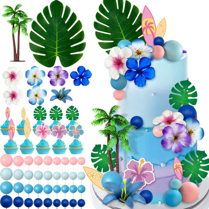 55PCS Hawaiian Pink Blue Cake Topper with Balls Tropical Flower Decor for Baby Shower and Birthday Party Supplies