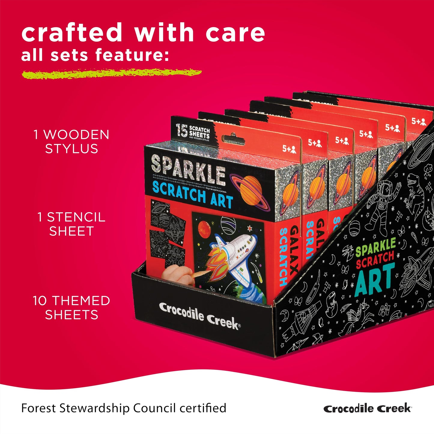 Crocodile Creek Dinosaurs Sparkle Scratch Art for Kids - 16-Sheet Scratch Art Set with 10 Themed Sheets, 5 Blank Sheets, Stencil, and Stylus