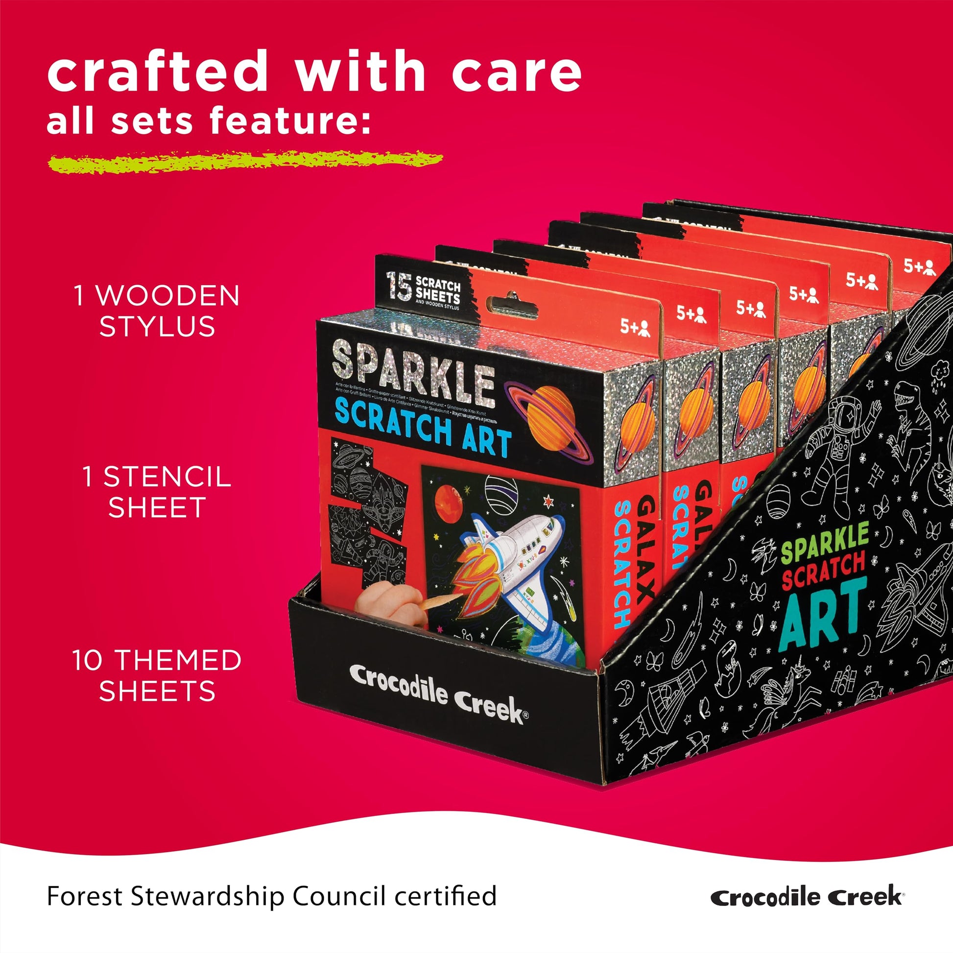 Crocodile Creek Dinosaurs Sparkle Scratch Art for Kids - 16-Sheet Scratch Art Set with 10 Themed Sheets, 5 Blank Sheets, Stencil, and Stylus