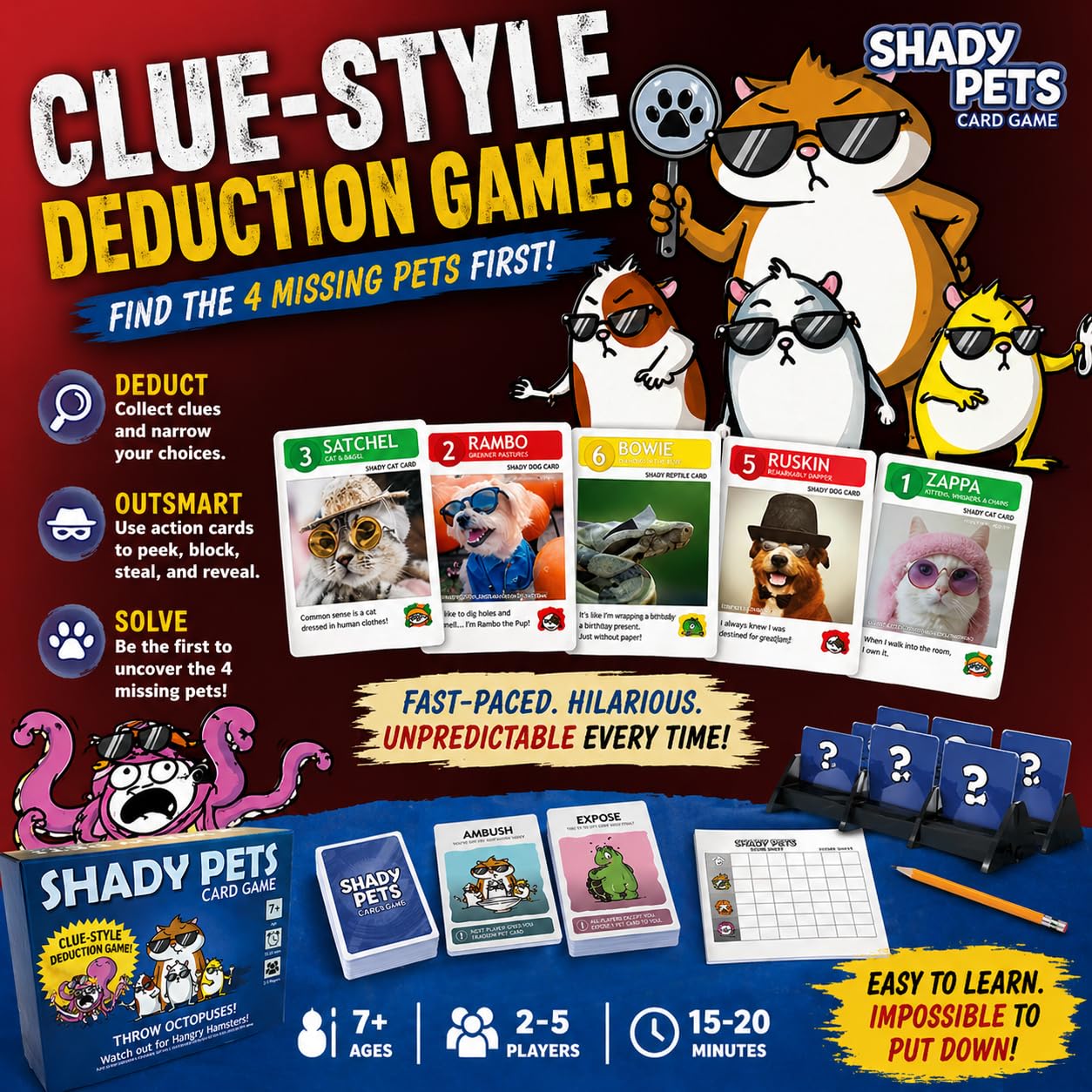Clue-Style Mystery Game to Find the Missing Pets | Funny Deduction Party Game for Teens & Adults | Teen Game Night | 2-5 Players, 15-20 Min