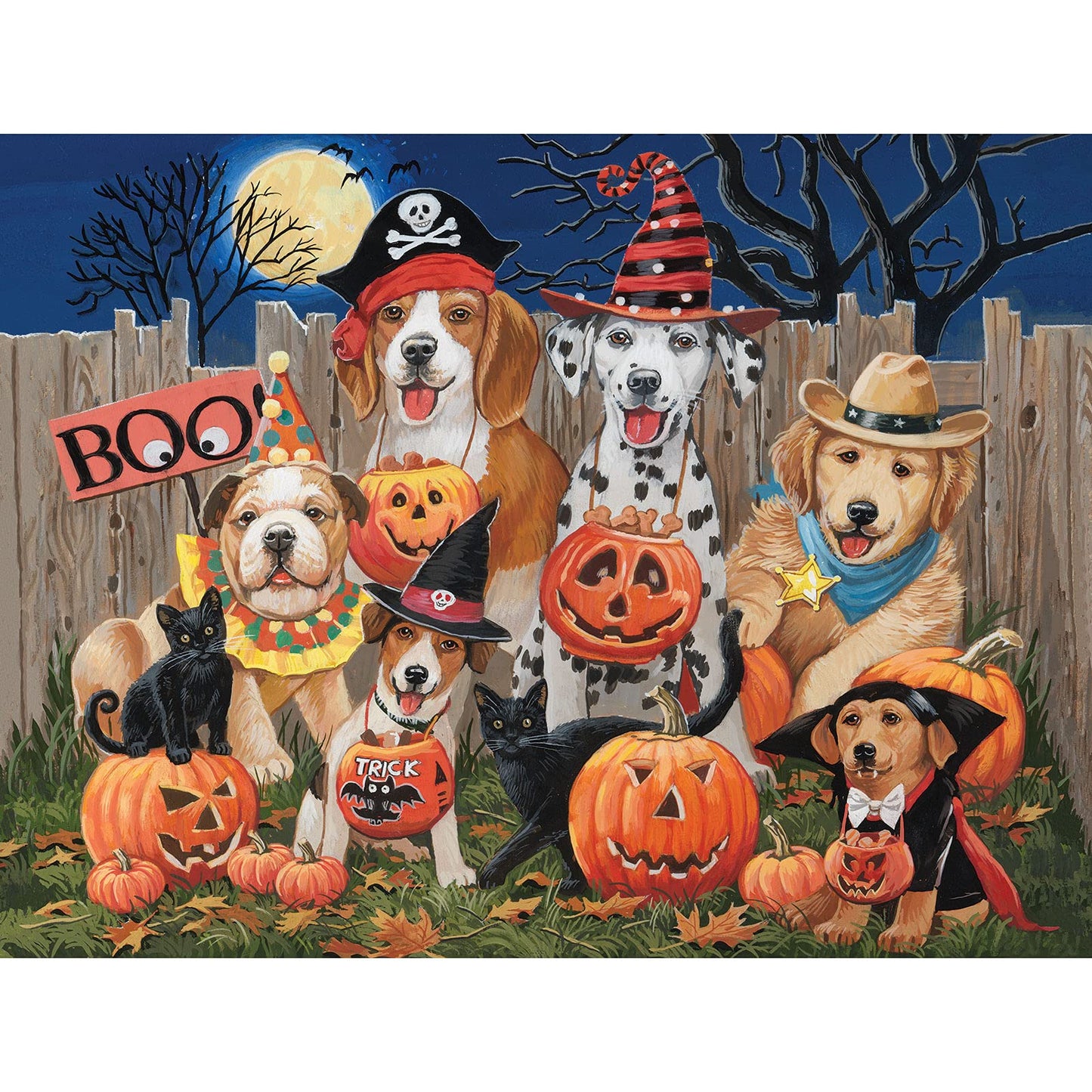 Bits and Pieces Jigsaw Puzzle for Adults - Halloween Tricksters by William Vanderdasson - Fall Night Holiday Puzzle with Dogs, Cats, Pumpkins, Moon