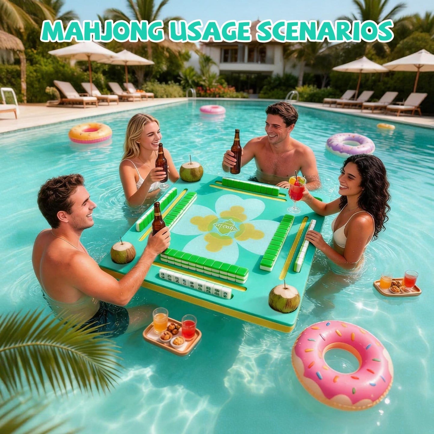 GKQWLW Floating Mahjong Table for Pool, Double-Sided Water Game Tray with Mahjong & Poker Card Playing Surfaces for Poker, Card, Dominoes, Board Games