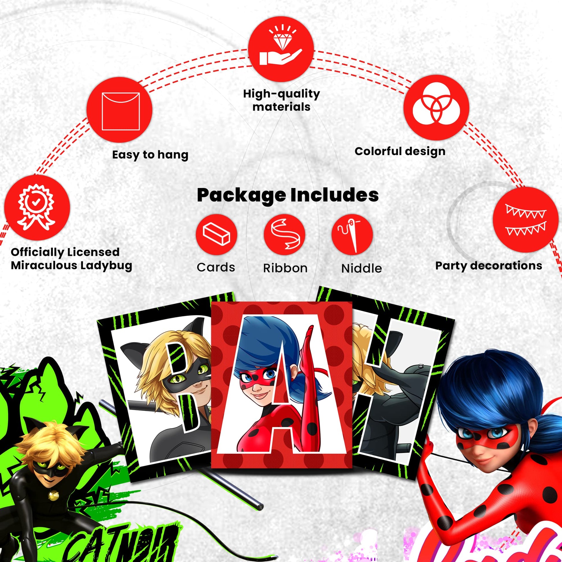 Miraculous Ladybug Cat Noir Large 6"x7" Happy Birthday Banner Decoration
