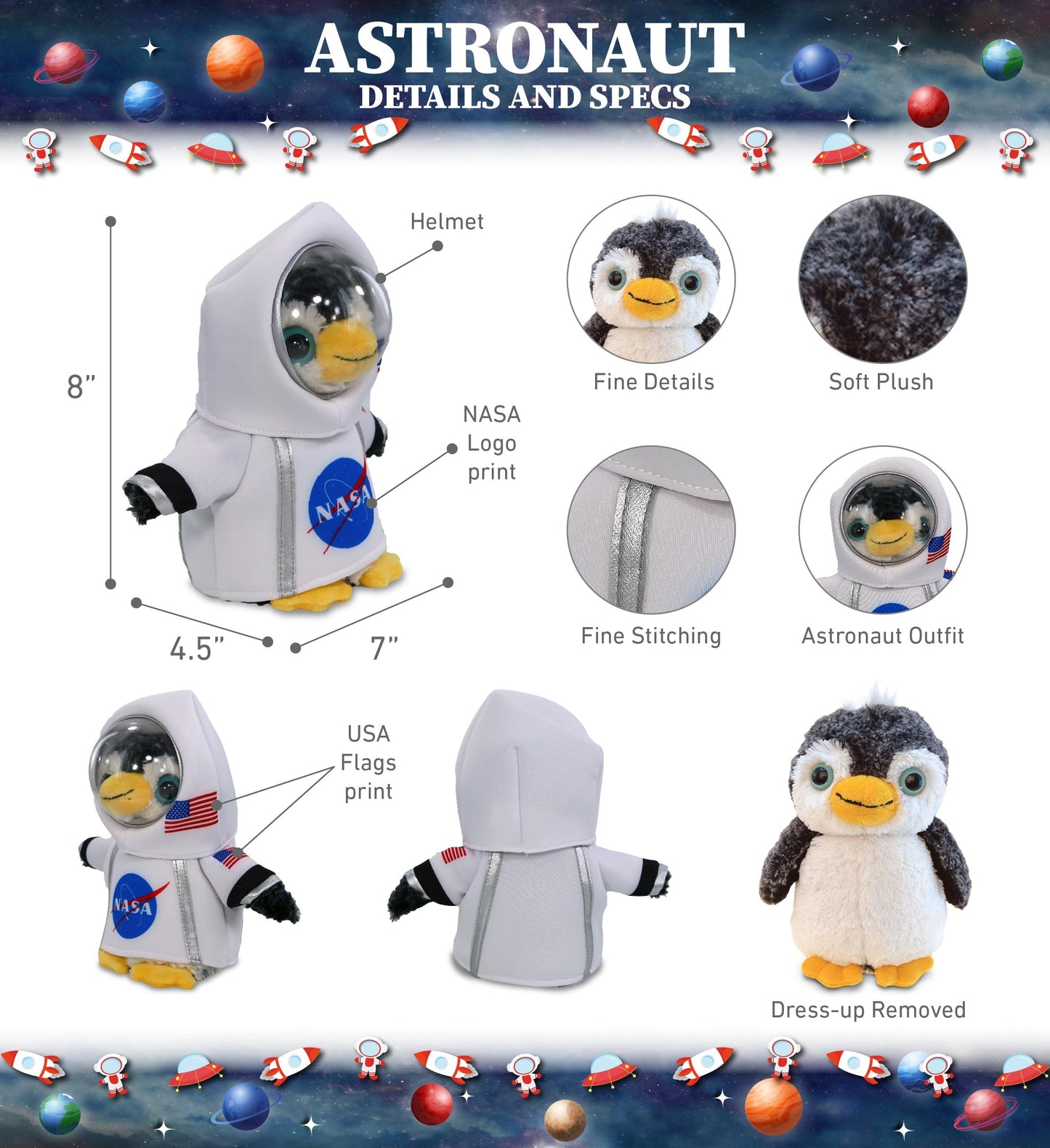 DolliBu Marine Wild Penguin Astronaut Plush Toy - Farm Life Astronaut Stuffed Animal with Space Helmet and NASA Astronaut Costume, Spaceman Doll Decor