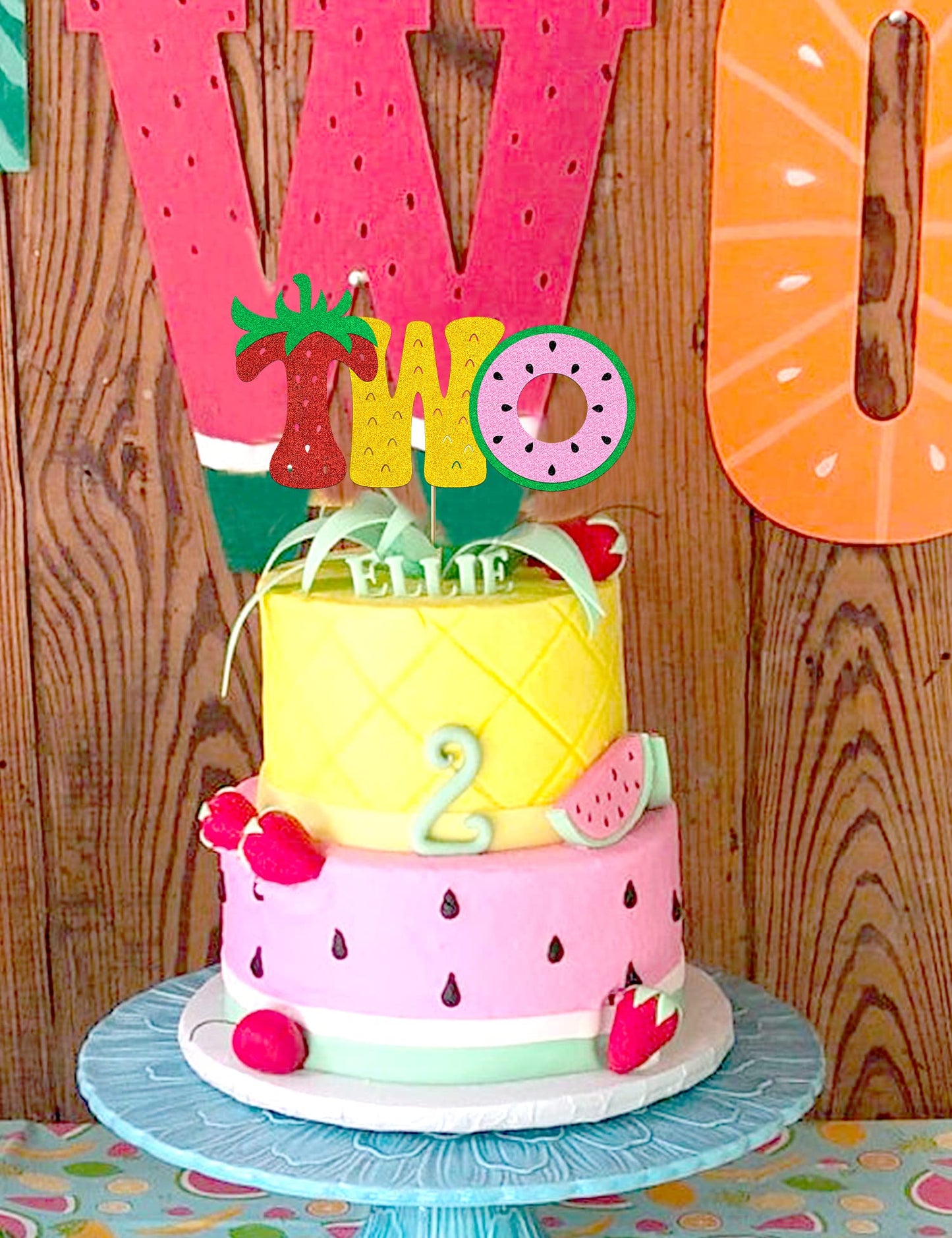 Fruit Two Cake Topper Glitter Gold Fruity Two Cake Decorations for Girls Boys Strawberry Watermelon Pineapple Summer Fruits Happy Birthday Decorations