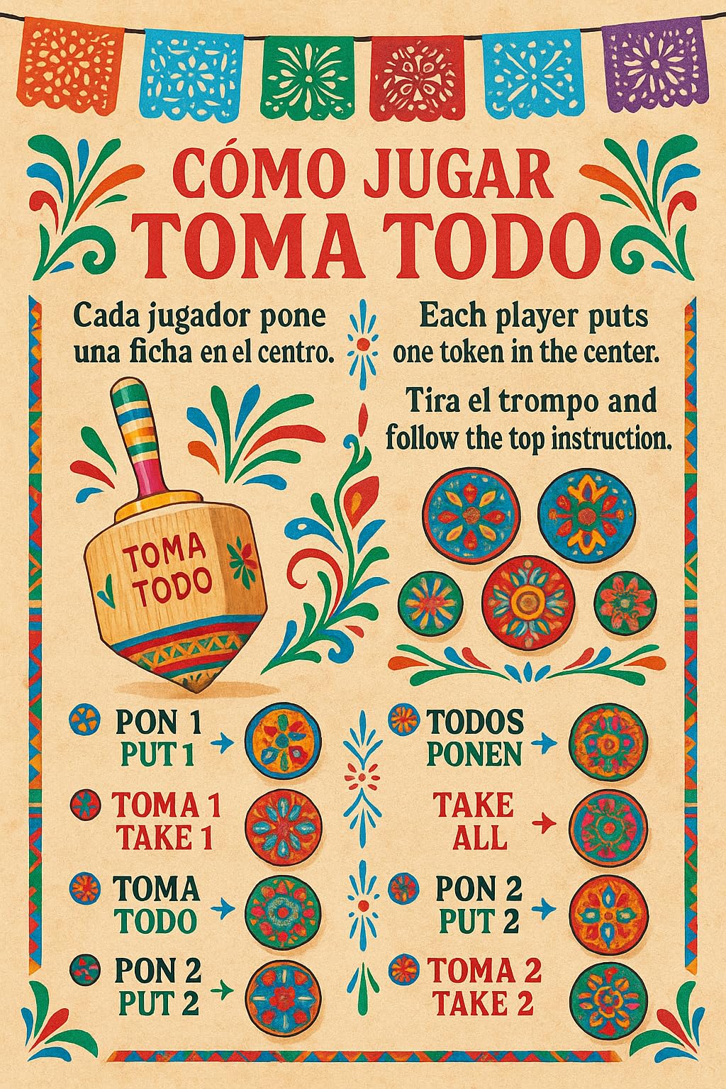 Toma Todo Pirinola - Mexican Spinning Top Drinking Game - Wooden Pirinola for Parties, Cinco de Mayo, Adult Game Night (Small)