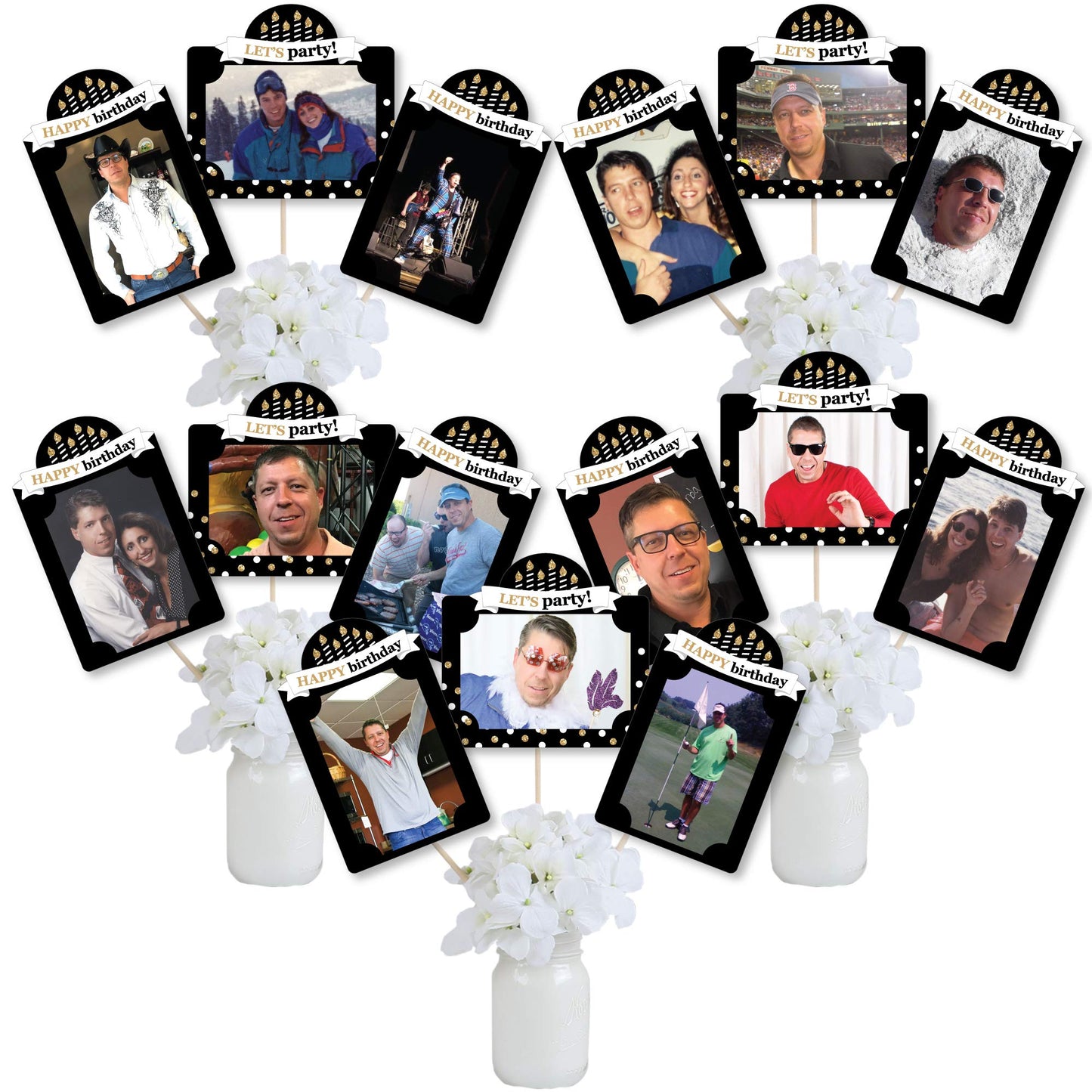 Big Dot of Happiness Birthday Photo Centerpiece Kit - Gold Party Decoration Display Set, 15 Double-Sided Photo Table Toppers with Sticks, Custom 4x6