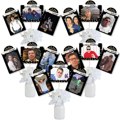 Big Dot of Happiness Birthday Photo Centerpiece Kit - Gold Party Decoration Display Set, 15 Double-Sided Photo Table Toppers with Sticks, Custom 4x6
