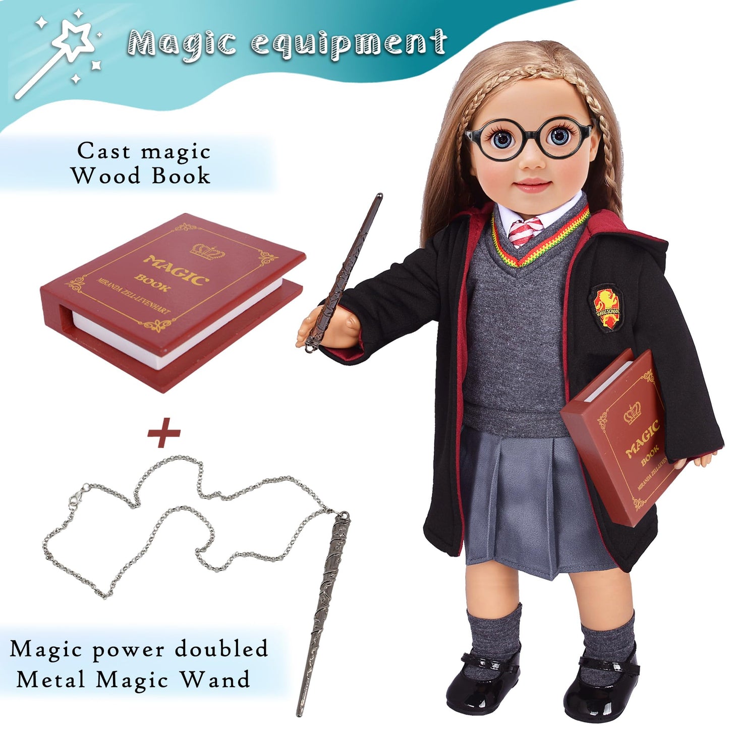 ebuddy 18 Inch Doll Clothes 10Pcs Magical School Outfit, Doll Costume with Wand & Glasses, Gift for Girls (No Doll)