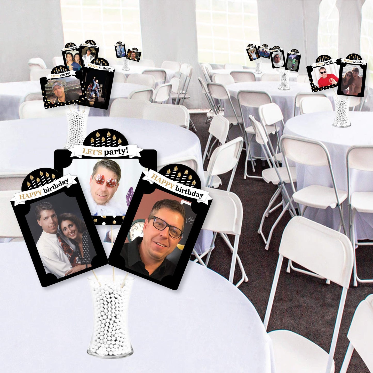 Big Dot of Happiness Birthday Photo Centerpiece Kit - Gold Party Decoration Display Set, 15 Double-Sided Photo Table Toppers with Sticks, Custom 4x6