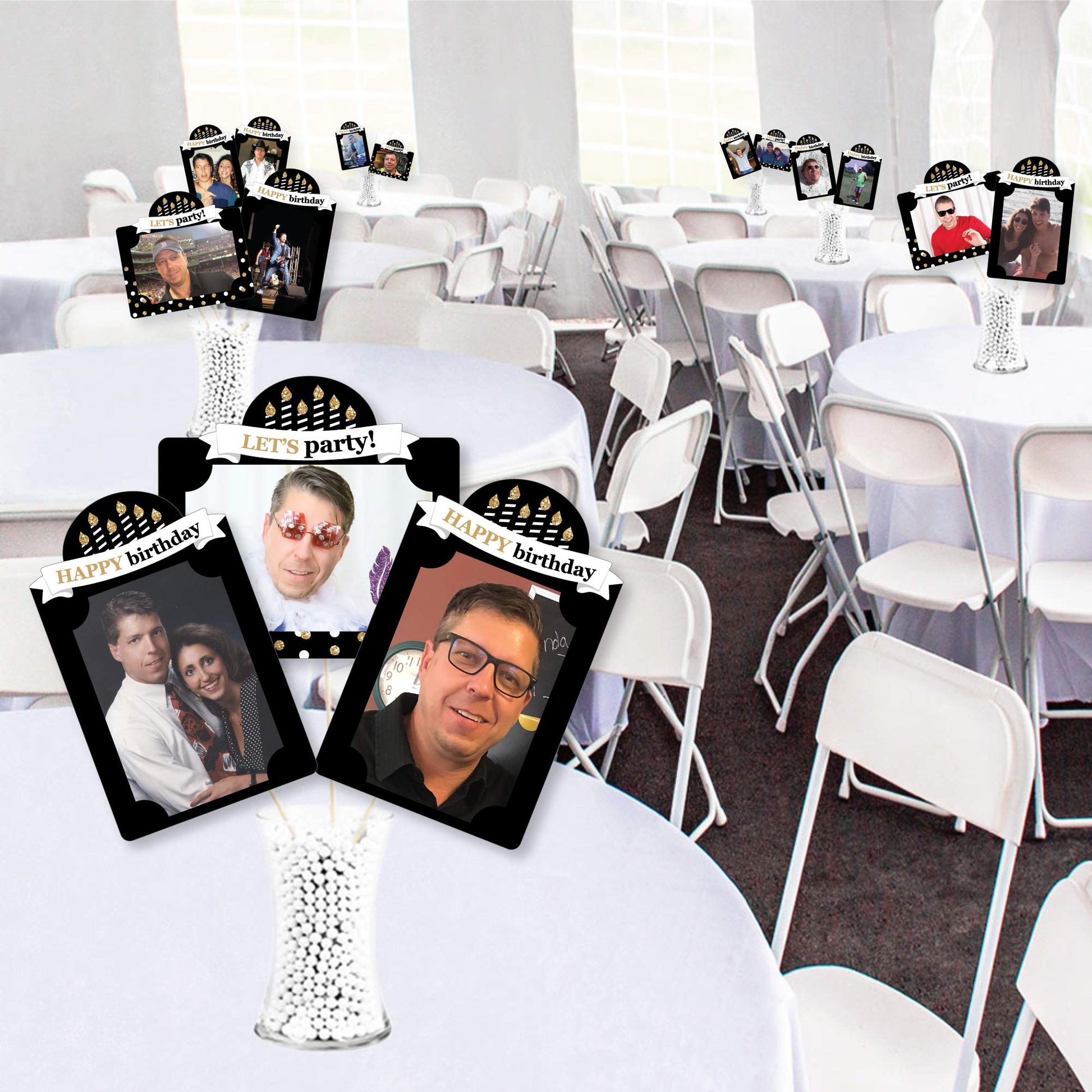 Big Dot of Happiness Birthday Photo Centerpiece Kit - Gold Party Decoration Display Set, 15 Double-Sided Photo Table Toppers with Sticks, Custom 4x6