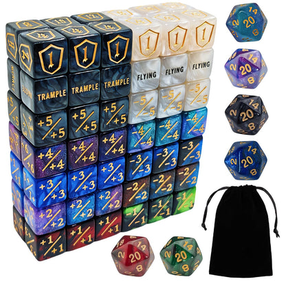90 PCS MTG Counter Dice Set - AbilityKeyword Counters, -1/+1 Life Counter, Shield Life Counter Dice, Creature Stat Buffs, Marble Colour D6 Cube Dice