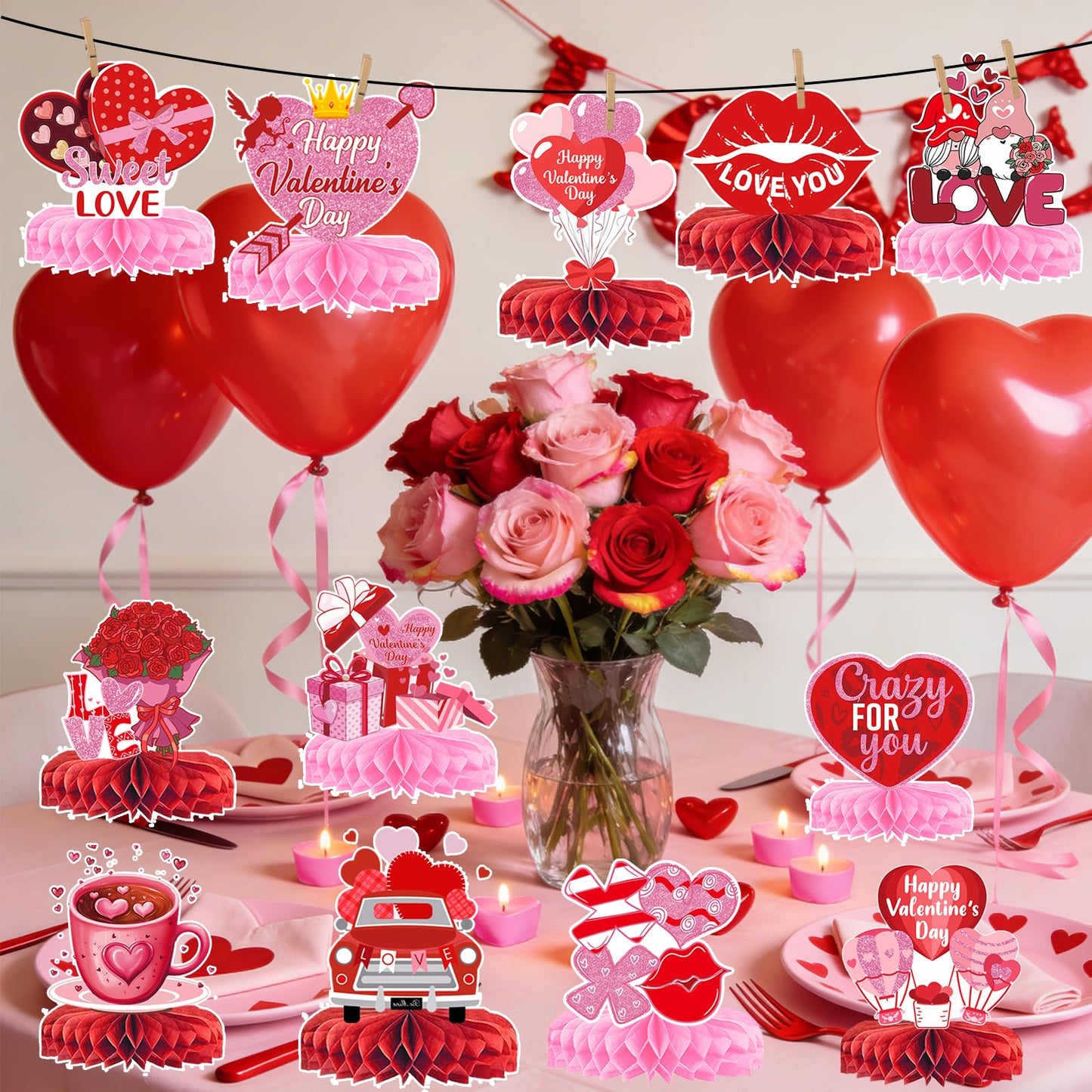Valentines Day Table Decorations: 12Pcs Valentine Honeycomb Centerpieces Valentine Table Decorations Valentine Day Centerpieces for Table