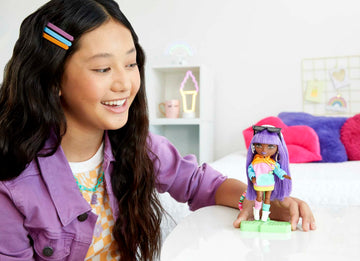 Barbie Extra Minis Doll & Accessories with Purple & Silver Hair Wearing Color-Block Hoodie Dress & Boots, 5.5-inch