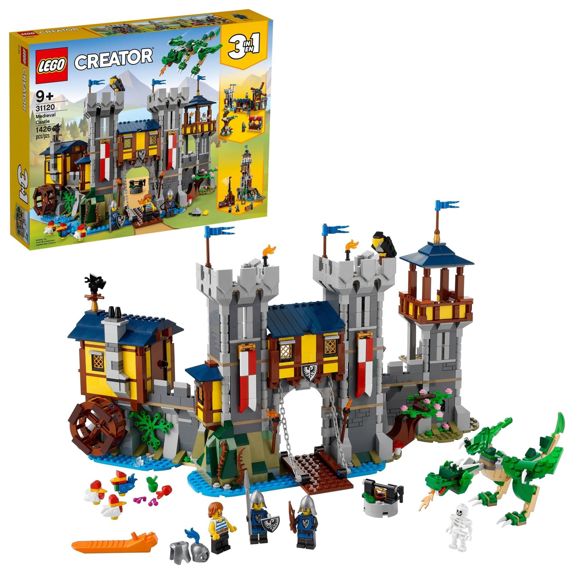 LEGO Creator 3 in 1 Medieval Castle Toy, Transforms from Castle to Tower to Marketplace, Includes Skeleton and Dragon Figure, with 3 Minifigures and