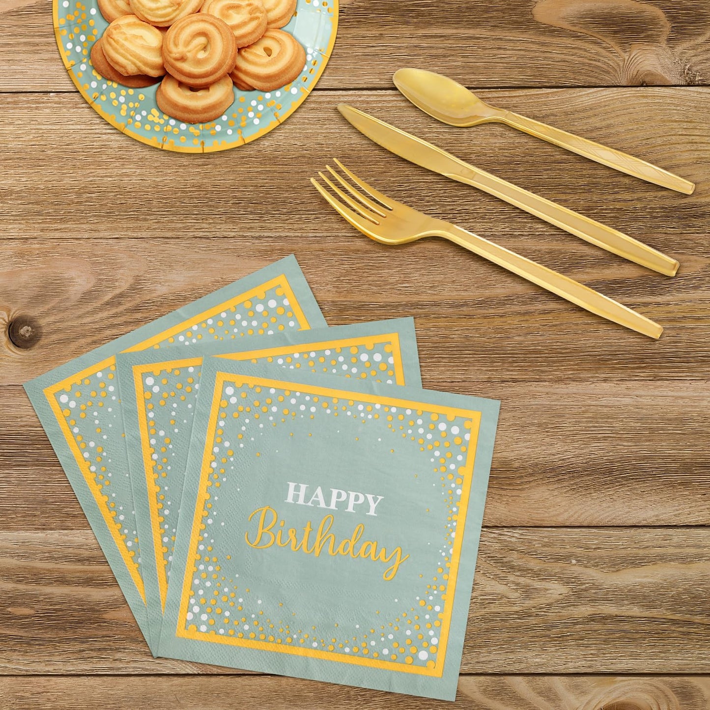 LTplazhi Sage Green and Gold Party Supplies 140 Pieces Happy Birthday Dinnerware - Sage Green Paper Plates, Napkins, Cups, Gold Plastic Forks, Knives