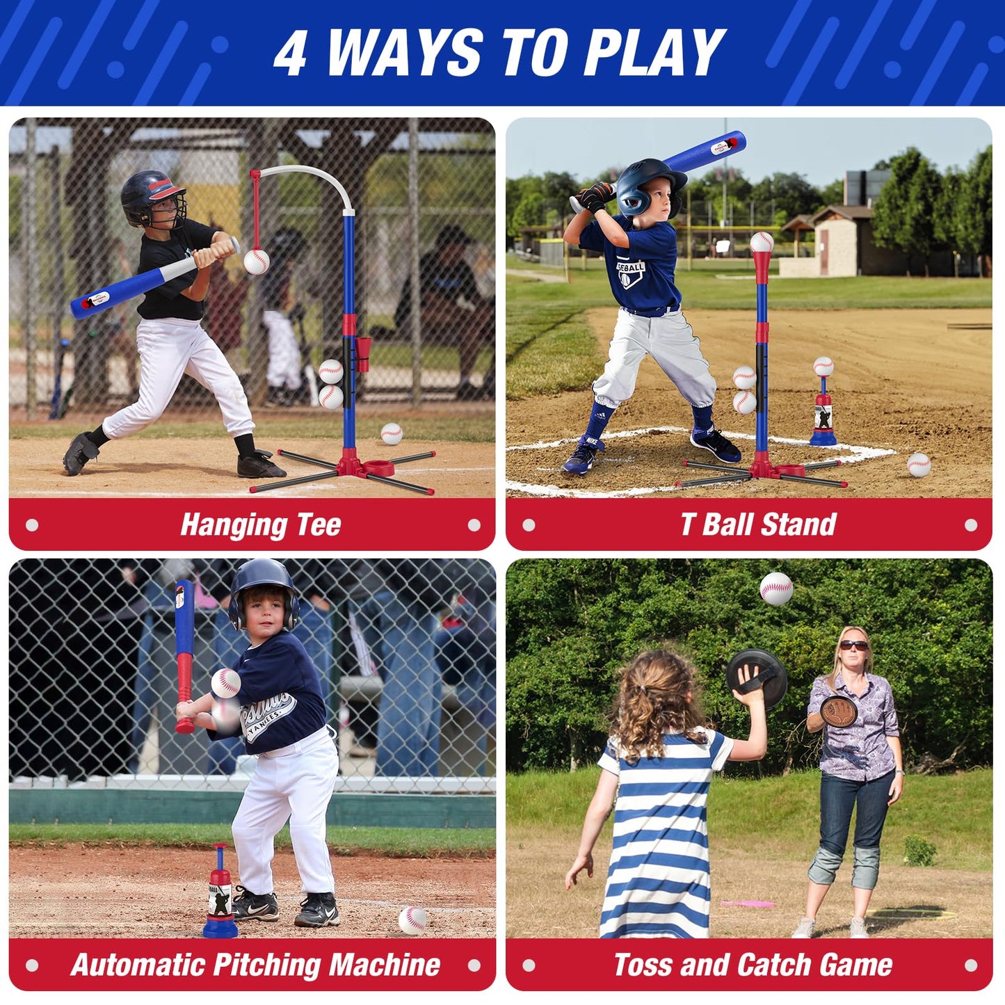 HYES 4 in 1 T Ball Sets for Kids 3-5 with Toss and Catch Ball Set