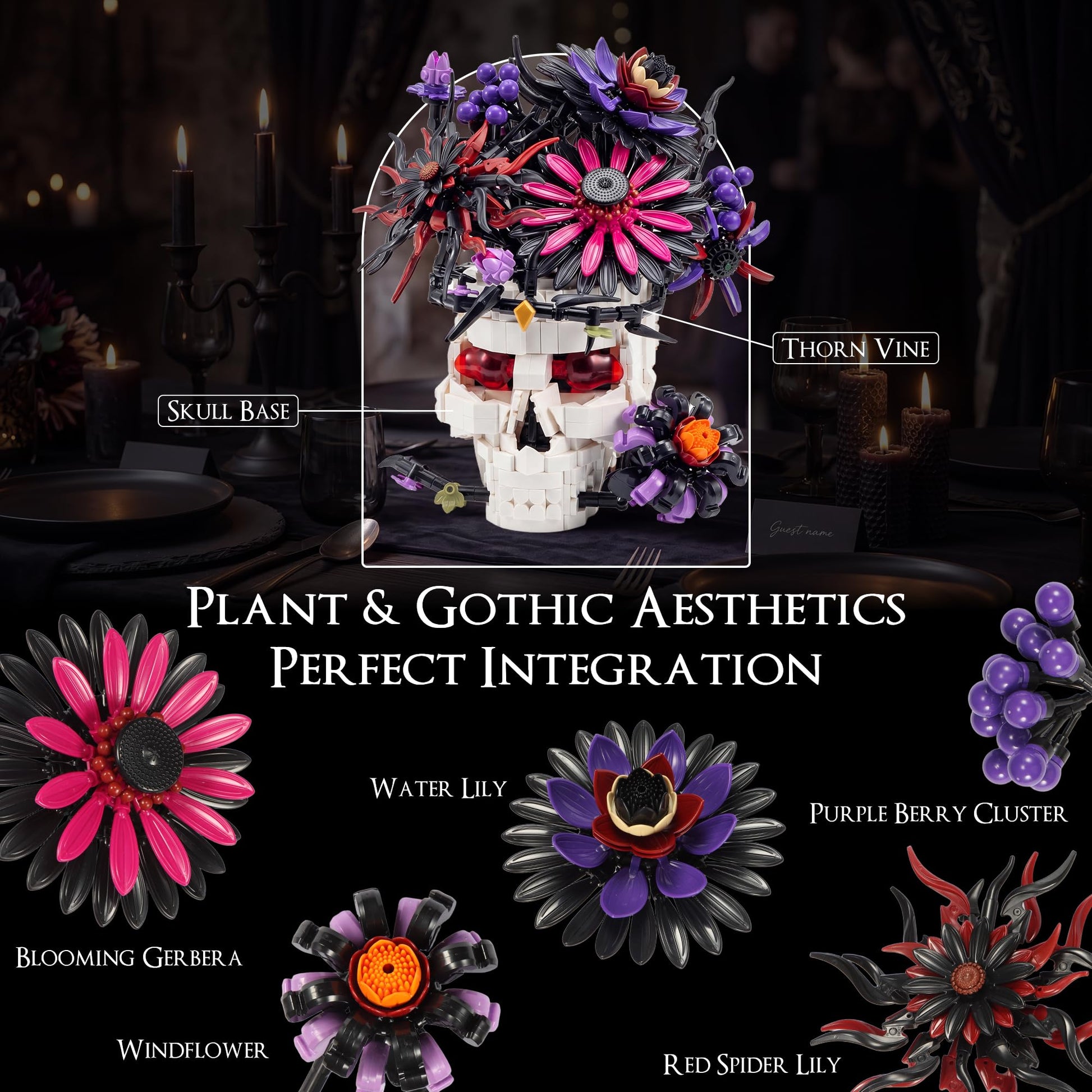 Skull Flower Bouquet Building Set, Wildflower Botanical Collection Kit for Adult Women, Horror Gothic Skeleton Decor for Goth Home Table Art Decor
