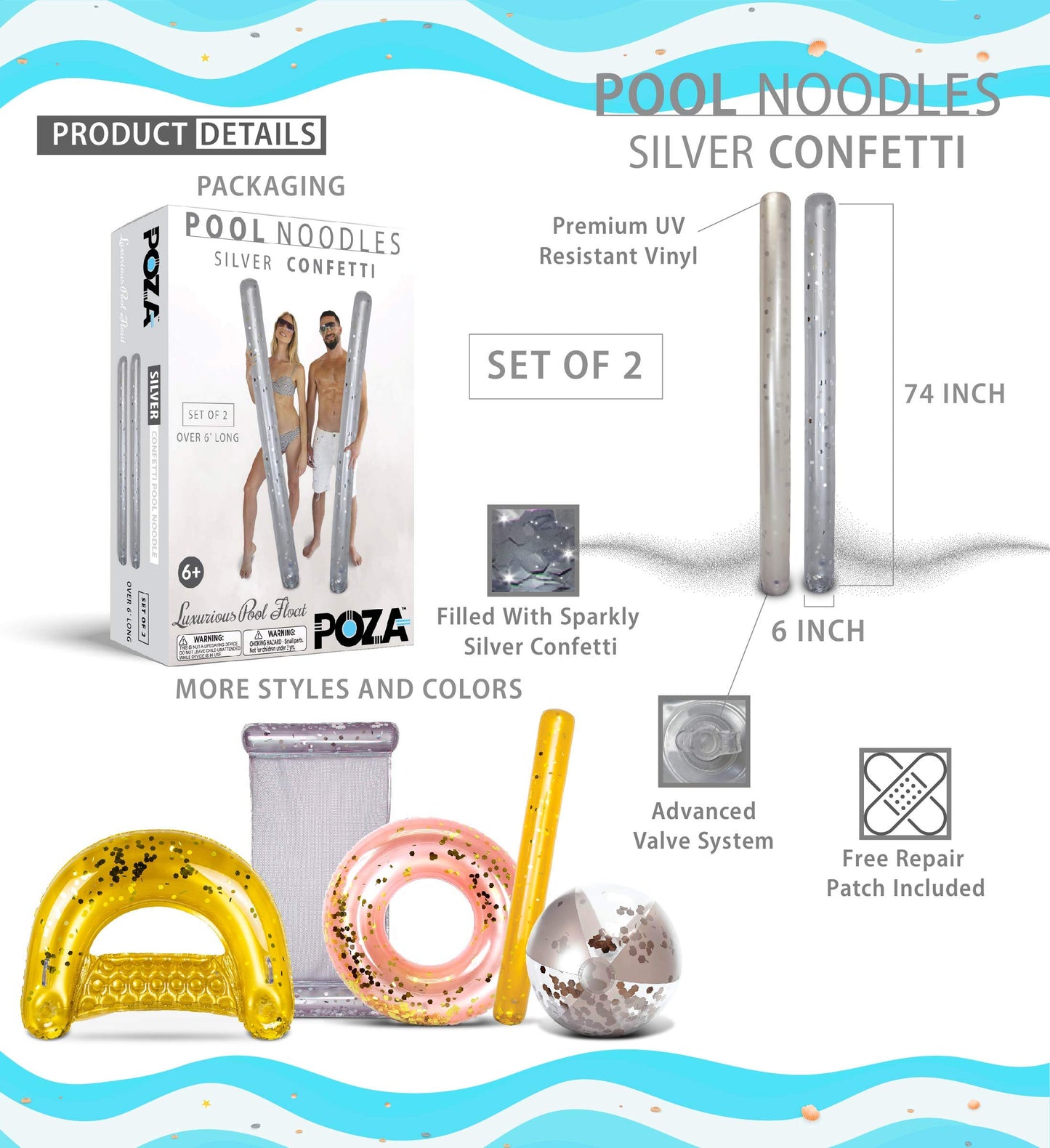 POZA 2 Pack Inflatable Jumbo Inflatable Pool Noodle Float for Pool, 74 Inch
