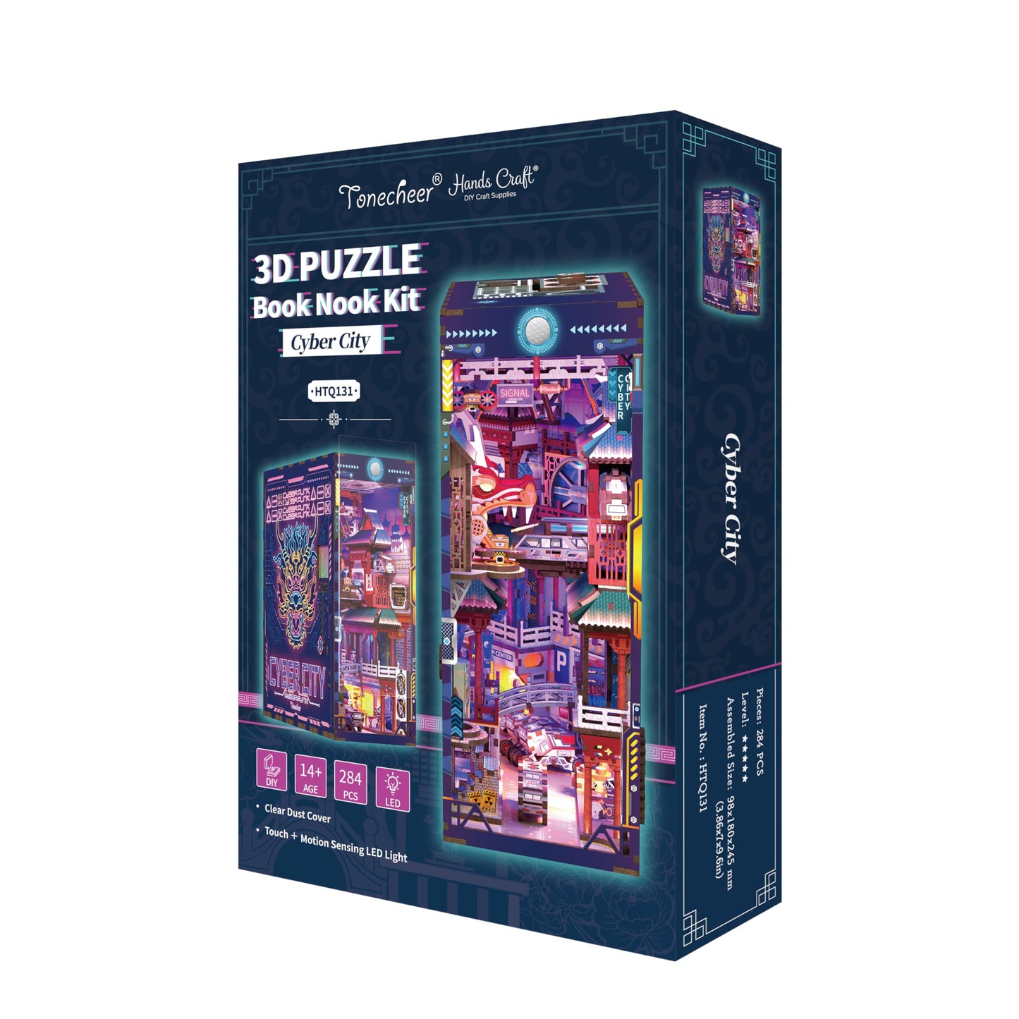 Hands Craft DIY Book Nook Kit - Cyber City Miniature Puzzle - Neon-Lit Cyberpunk Decor with Oriental Elements, Precision-Cut Wooden Pieces & LED