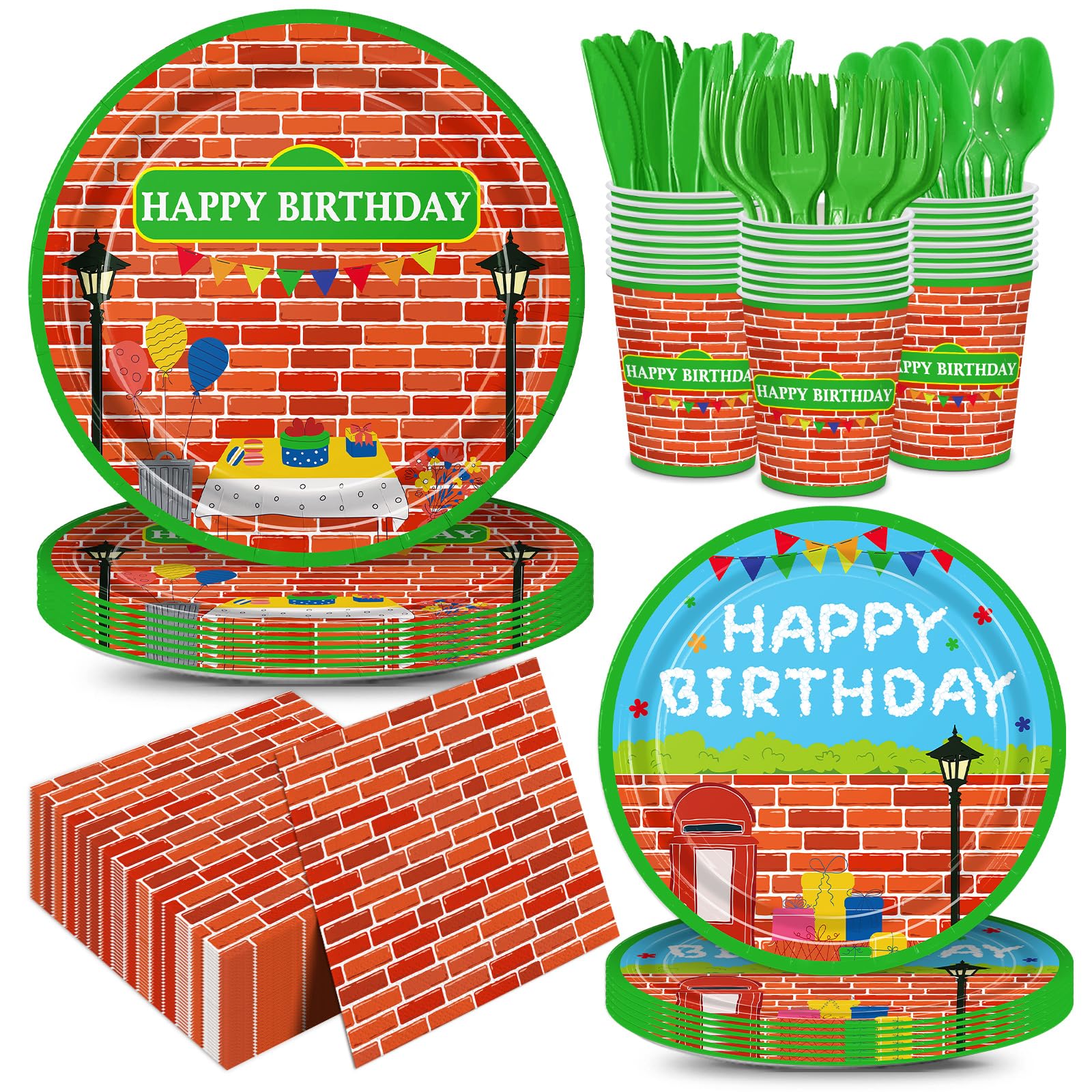 168pcs Red Brick Wall Street Birthday Party Supplies Plates Napkins