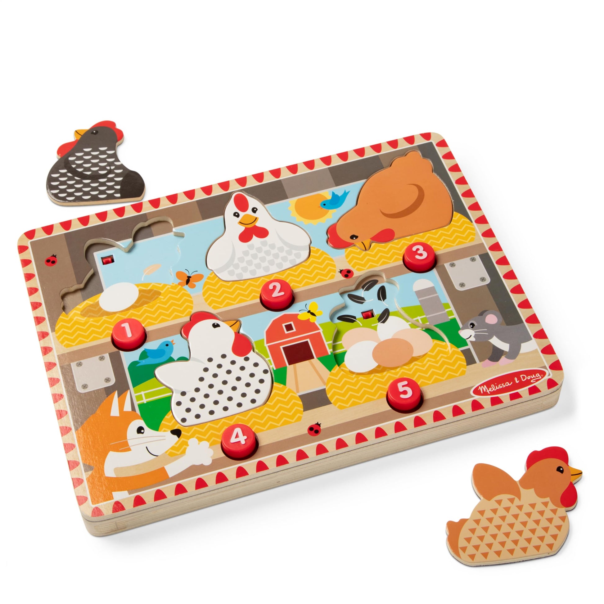 Melissa & Doug Happy Hens Push to Pop Wooden Puzzle, Montessori-Inspired Toddler Puzzles with Magnetic Pieces and Colorful Puzzle Board, Preschool
