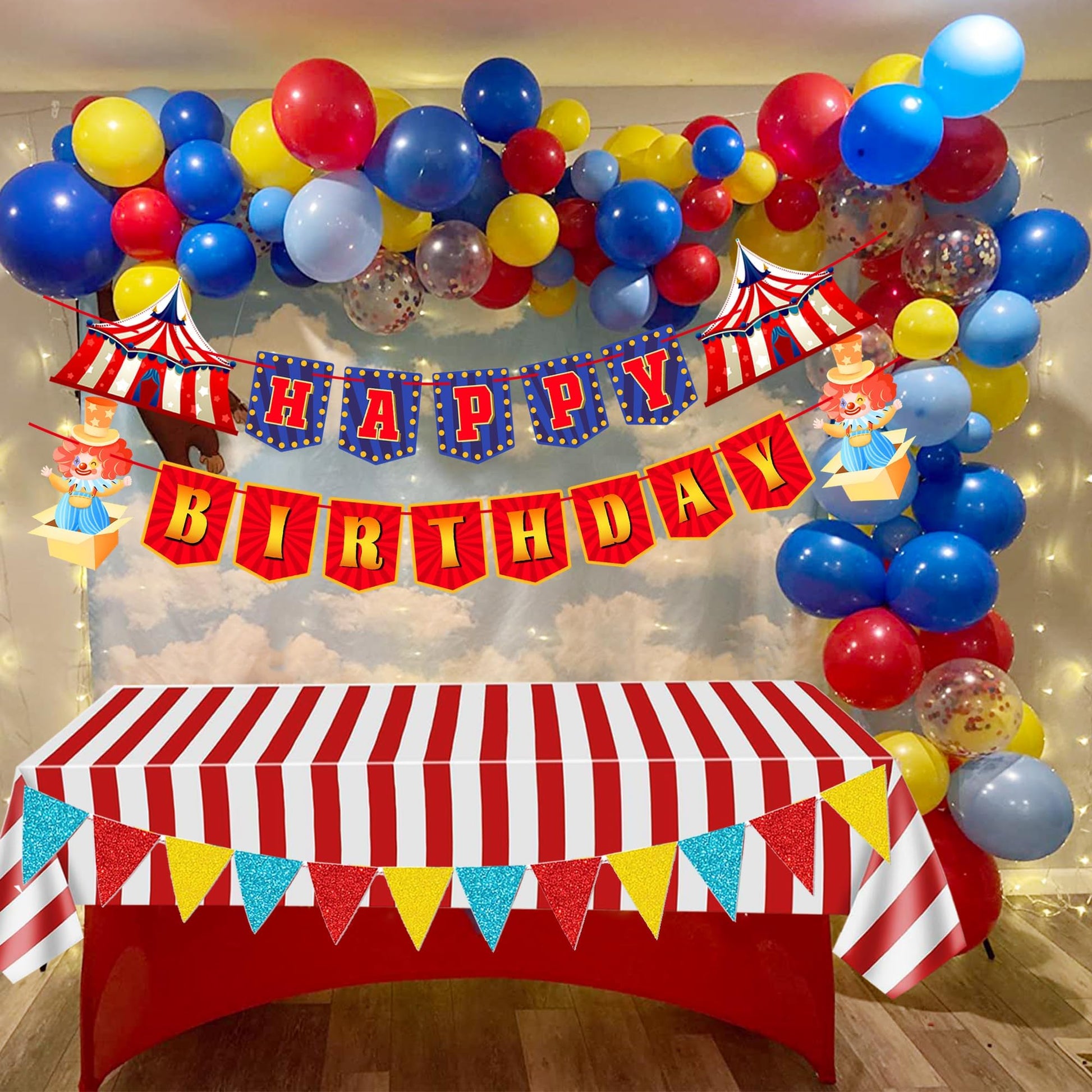 Circus Carnival Party Decorations Happy Birthday Banner Carnival Theme Balloons Circus Themed Tablecloth for Carnival Circus Birthday Party Supplies