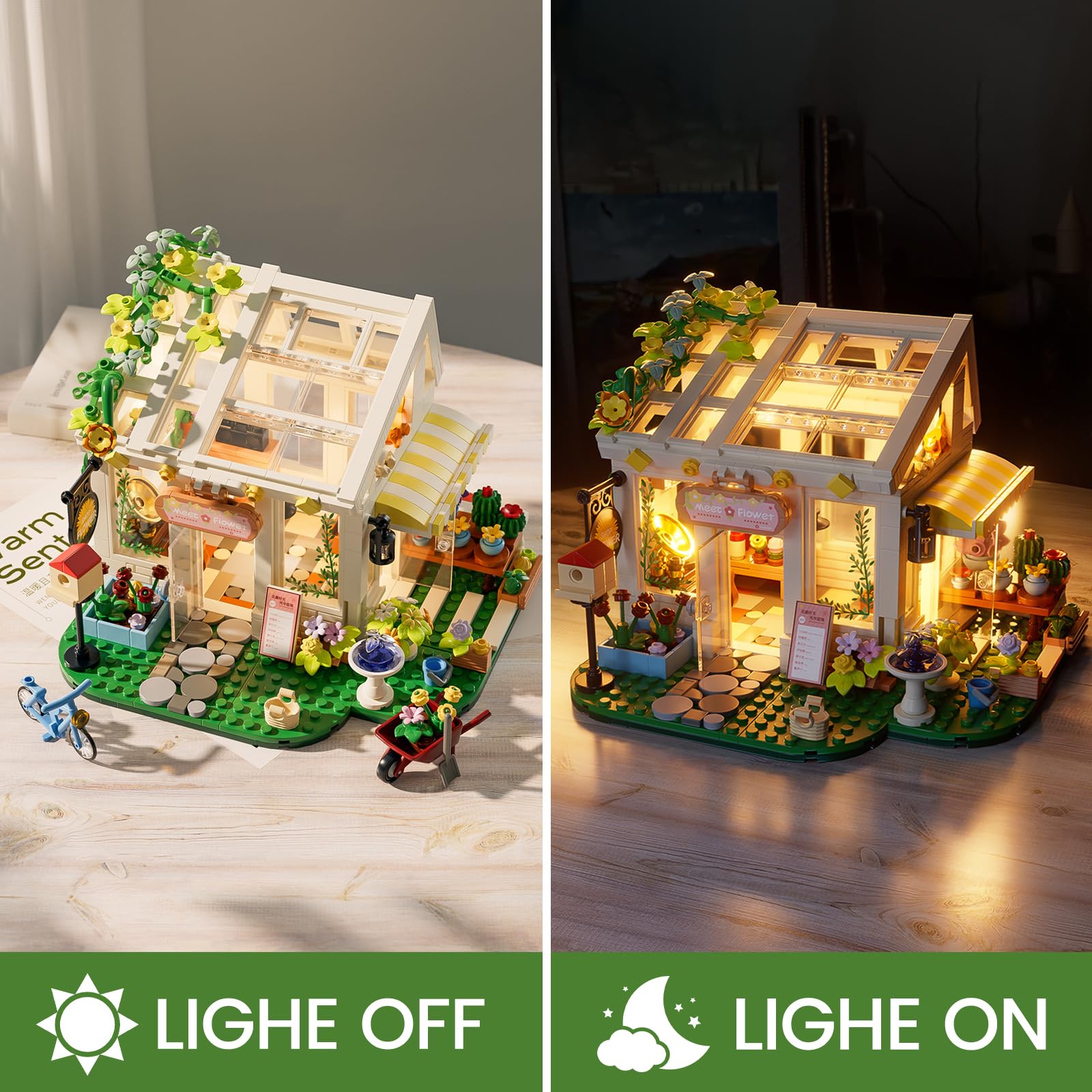 Flowers House Building Set with Lights, Garden Building Kits Sunshine Greenhouse Building Toy for Home Display Decoration Creative Greenhouse Playset