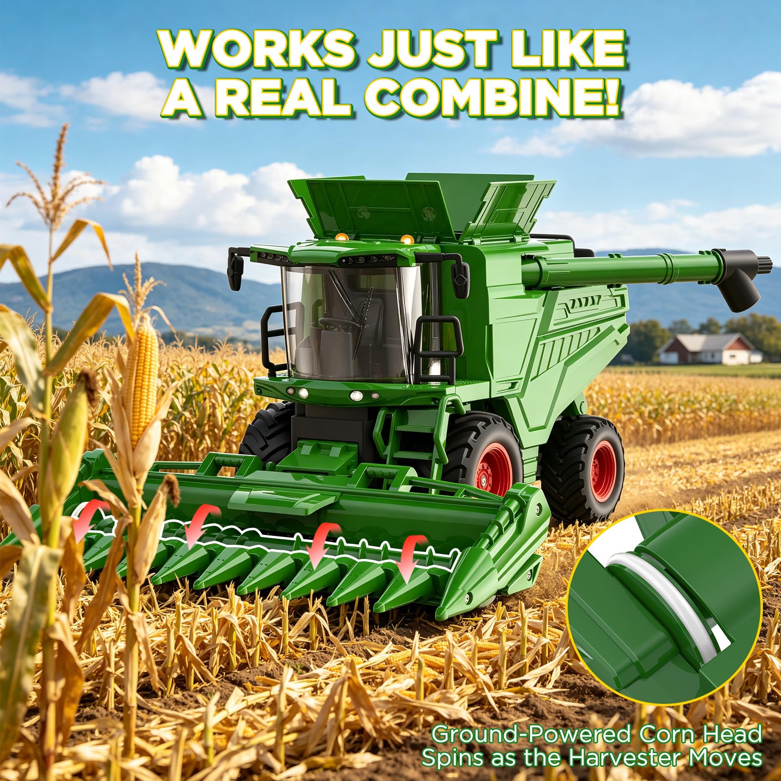 Uarzt Remote Control Combine Harvester Tractor Toy with Corn Head, RC Tractor Toys for Kids 3+, Light/Spray/Sound/1/24 Scale, Farm Toy Combine
