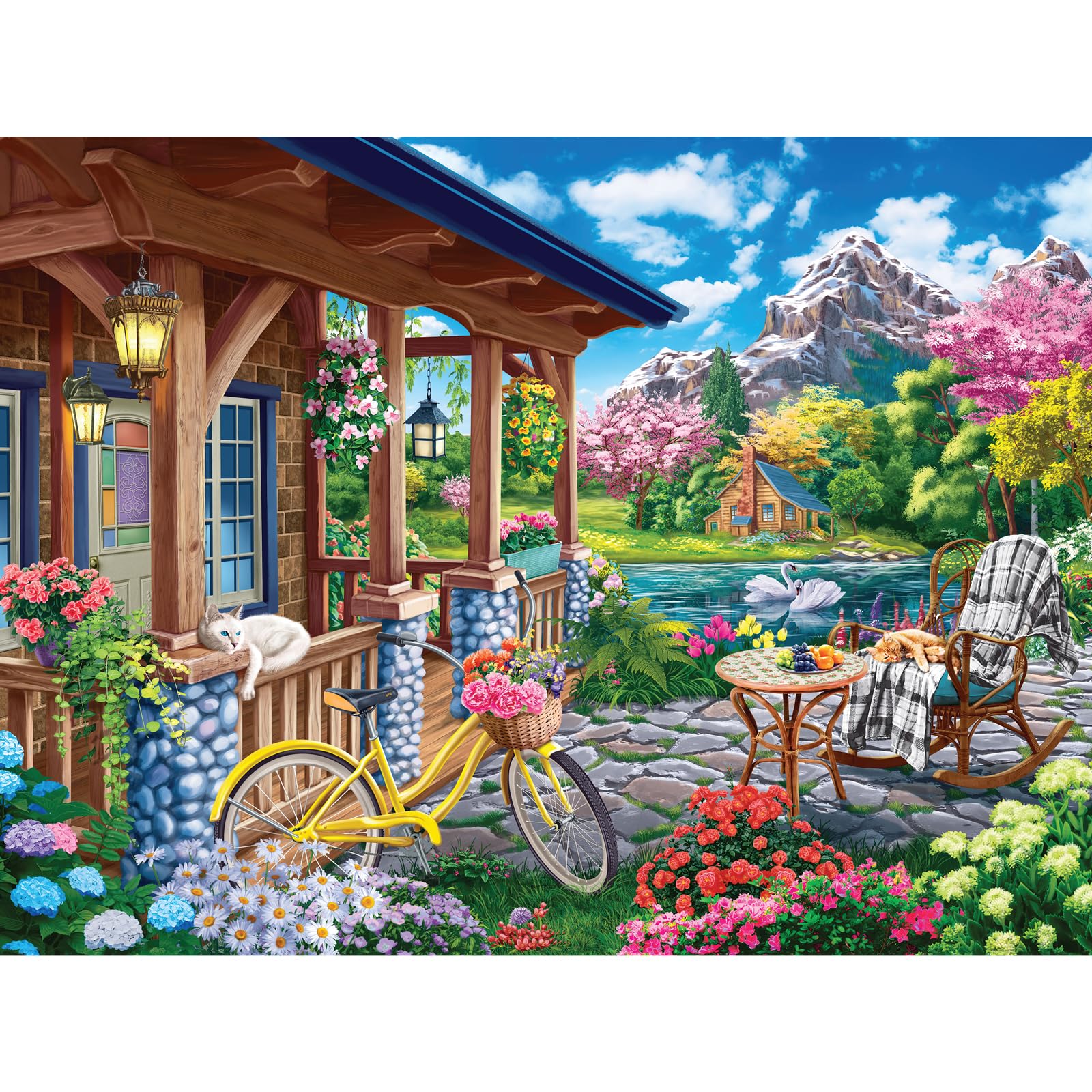 Bits and Pieces Jigsaw Puzzle for Adults - Colorful House Near The Lake by Image World - Scenic Lakeside Porch with Bicycle, Flowers, Cabin & Mountain