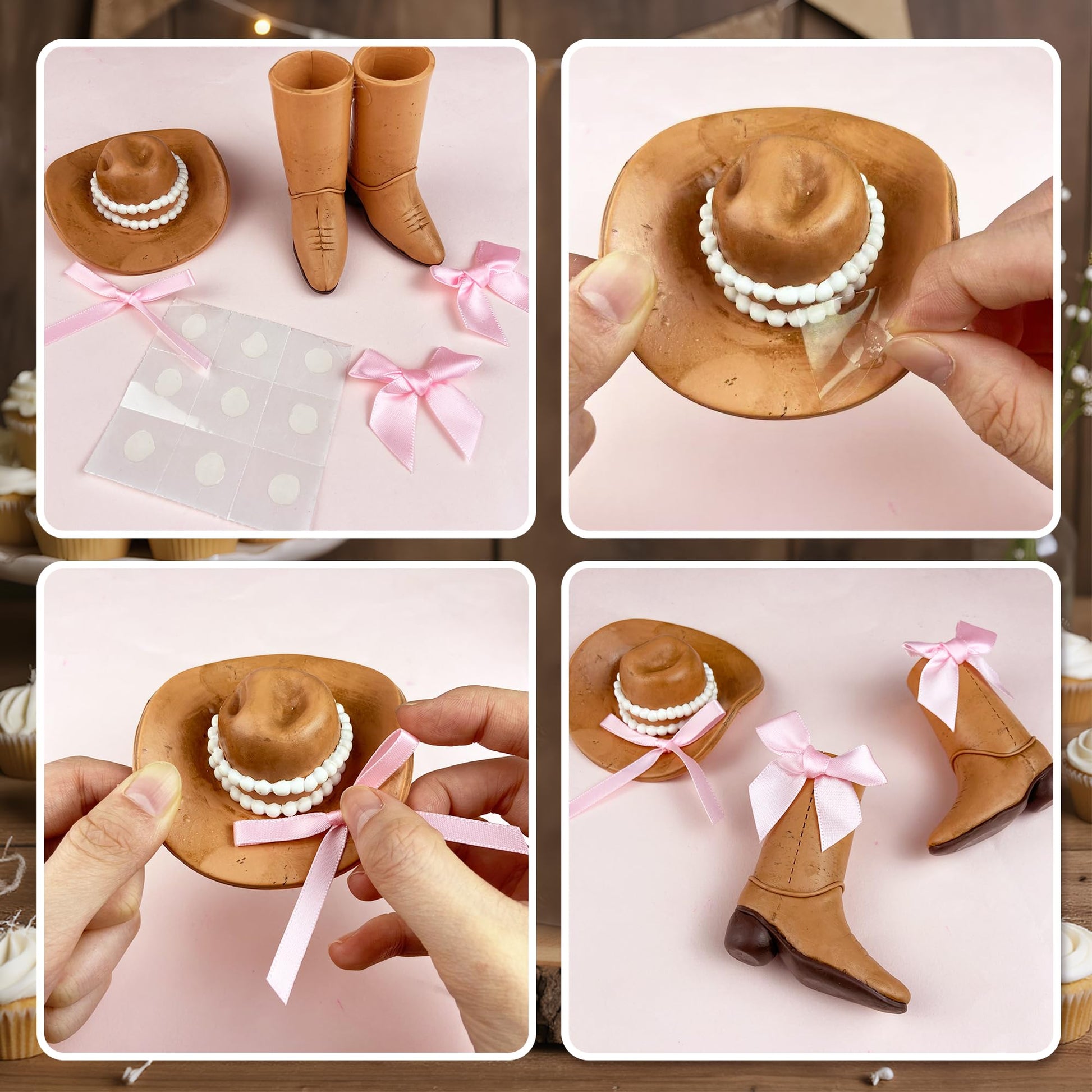 26 PCS Cowgirl Bows Cake Decorations Hat and Boot Cake Toppers for Western Theme Birthday Baby Shower Cowgirl Party Supplies (Classic)