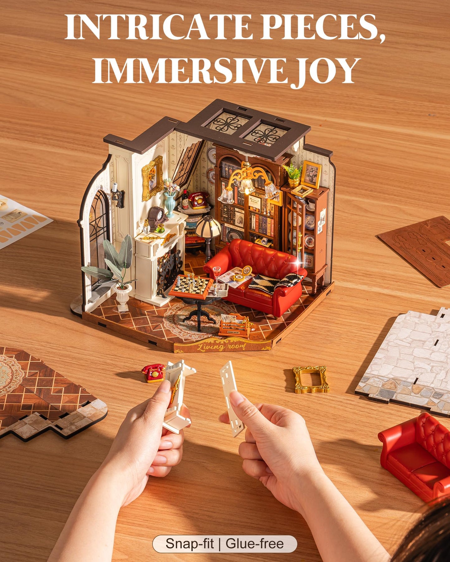 ROBOTIME DIY Miniature House Kit, Mini Dollhouse Kit, Tiny House Kit for Adults, Wooden Furniture Kit with LED, Halloween/Christmas/Birthday Gifts