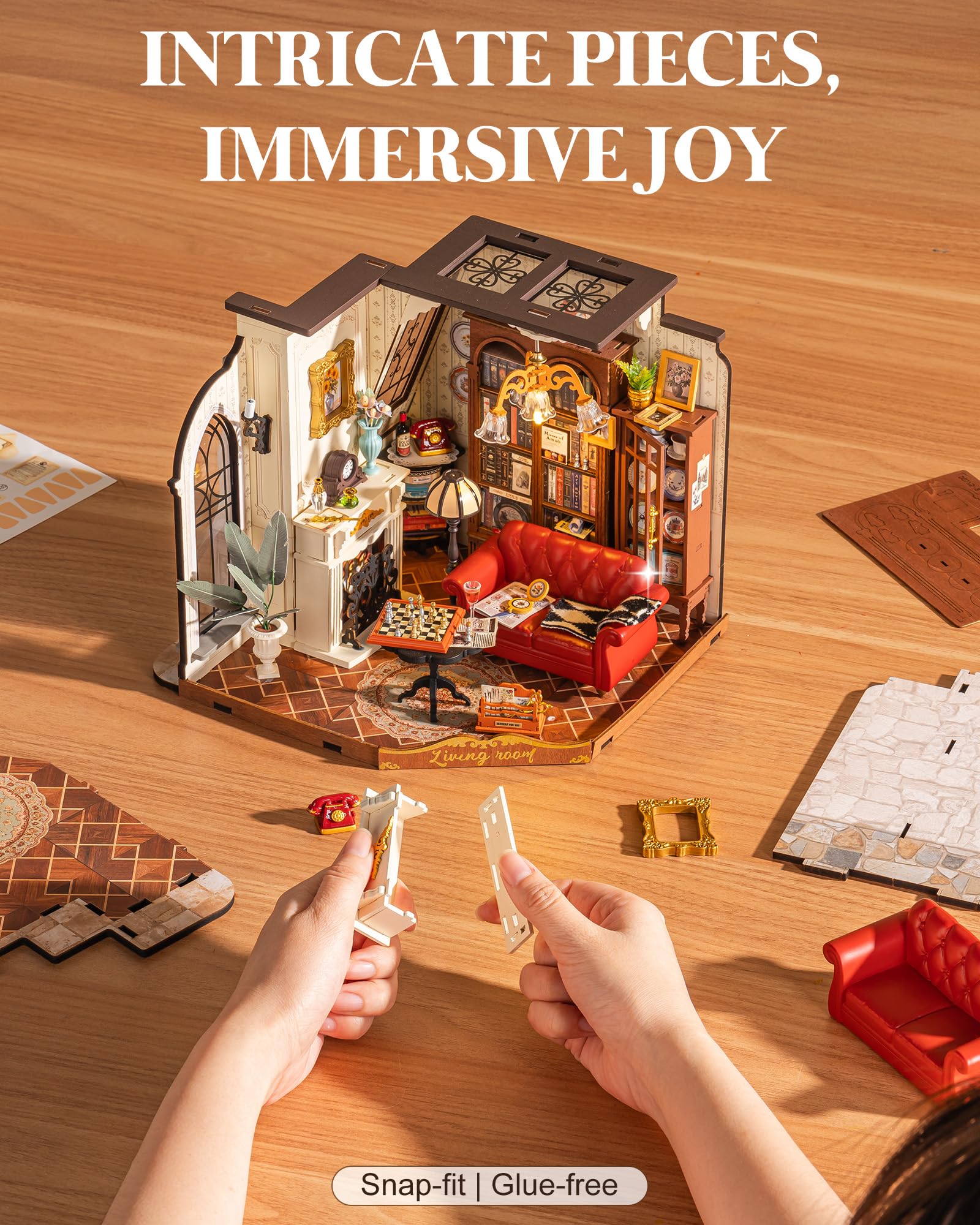 ROBOTIME DIY Miniature House Kit, Mini Dollhouse Kit, Tiny House Kit for Adults, Wooden Furniture Kit with LED, Halloween/Christmas/Birthday Gifts