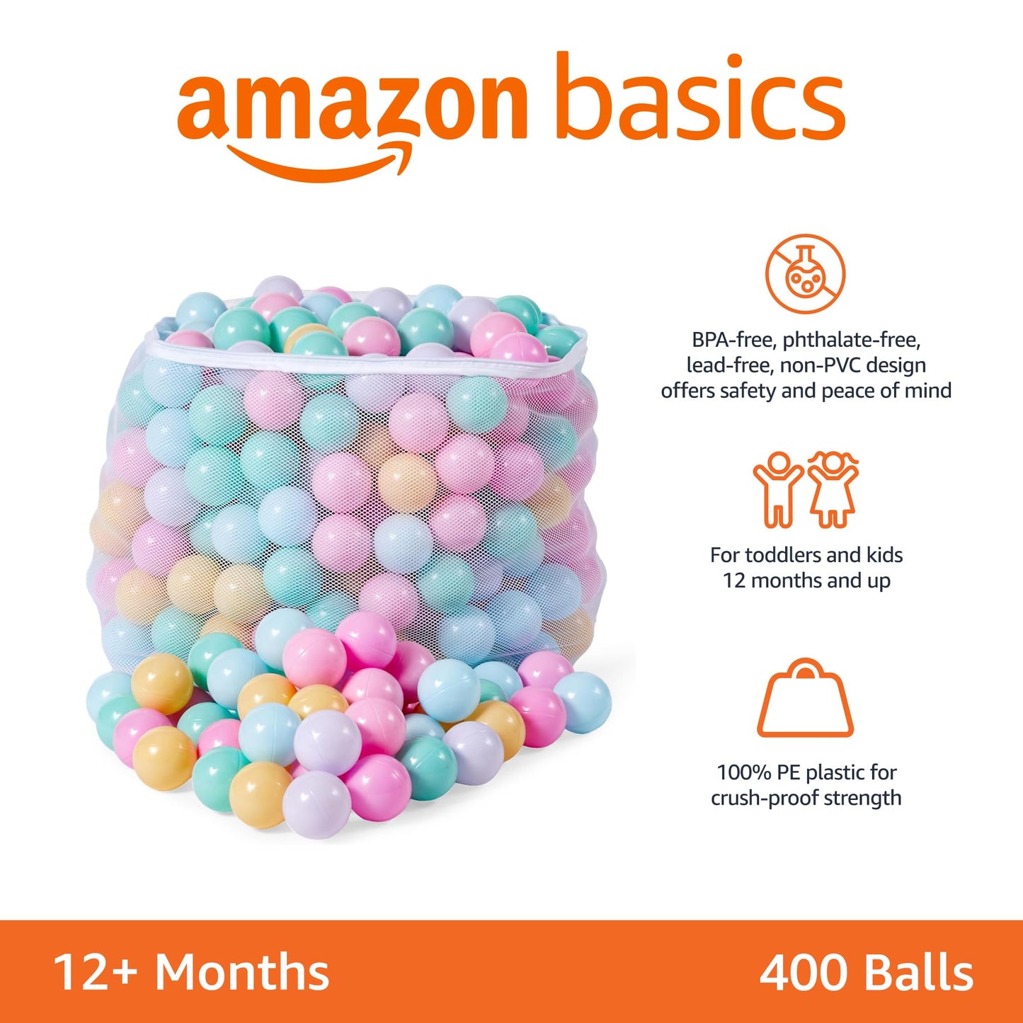Amazon Basics BPA-Free Ball Pit Balls with Storage Bag, Crush-Proof Plastic for Toddlers Kids 12+ Months Play, 6 Pastel Colors, Pack of 400