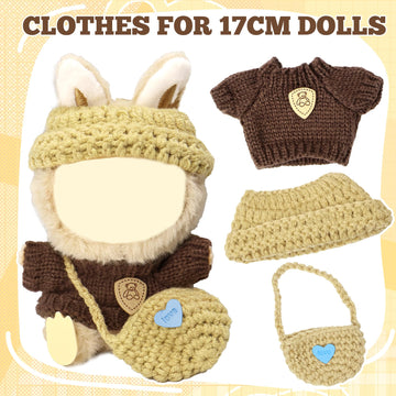 17cm Kawaii Doll Clothes Set for Labubu, 3-Piece Handcrafted Crochet, Compatible with 5.91-6.7inch Dolls, Hand Crocheted Hat, Sweaters, Bag (Knitted