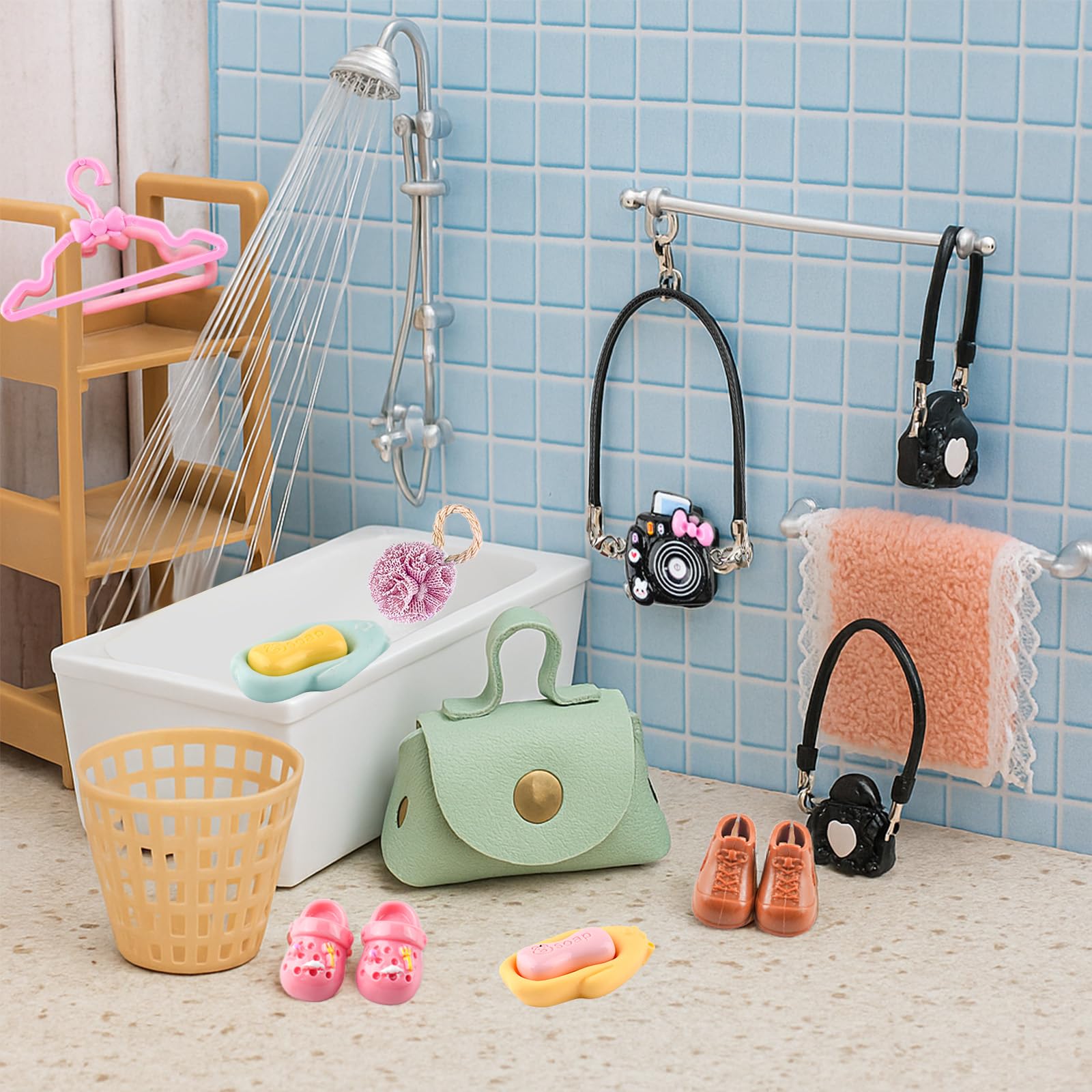 93 PCS Miniature Dollhouse Accessories Dollhouse Bathroom and Makeup Set with Towel Toothbrush Shampoo Toiletries Mini Perfume Shoes Backpack for Girl