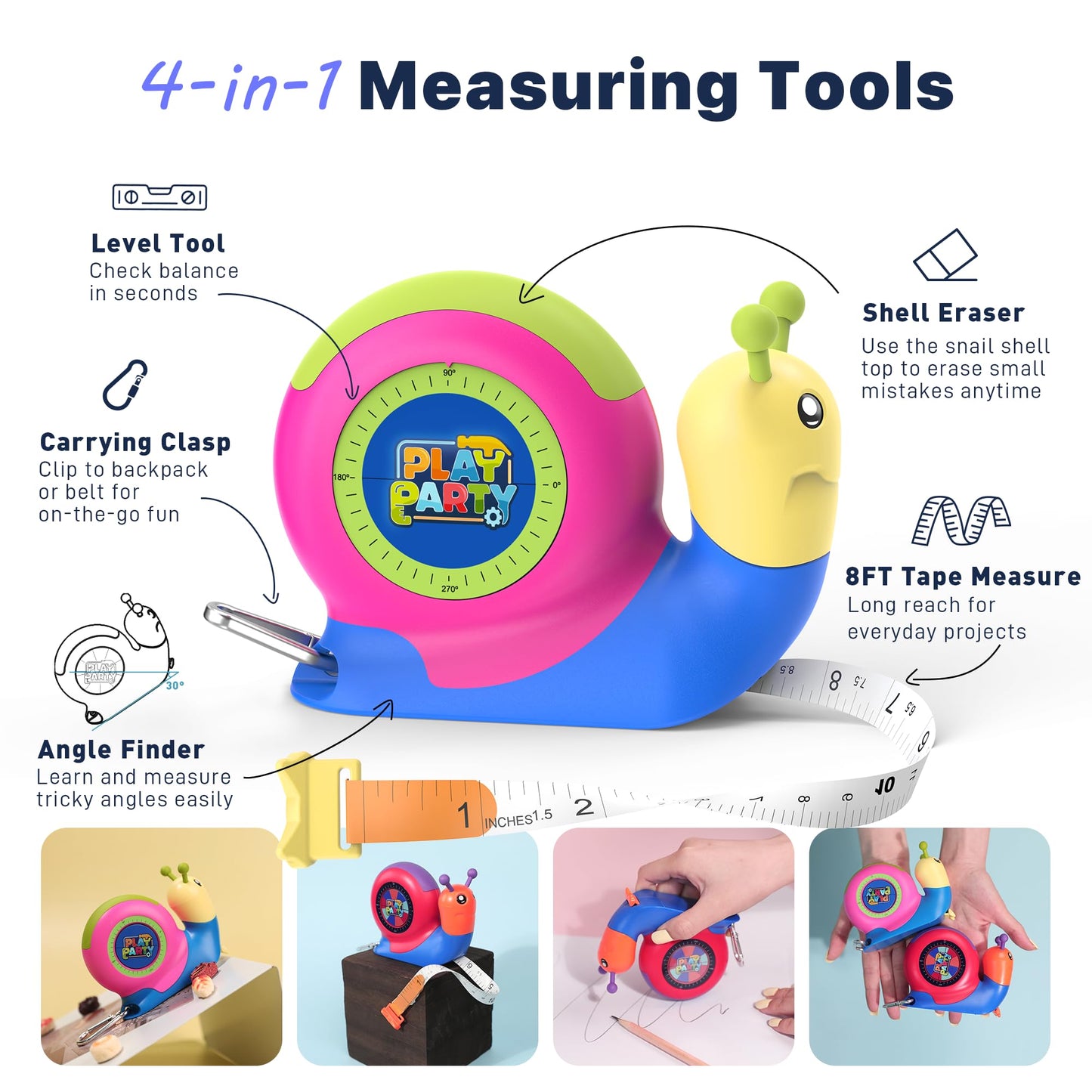 PLAYPARTY 8ft Kids Tape Measure, STEM Educational Tool for Kids 3+, Green