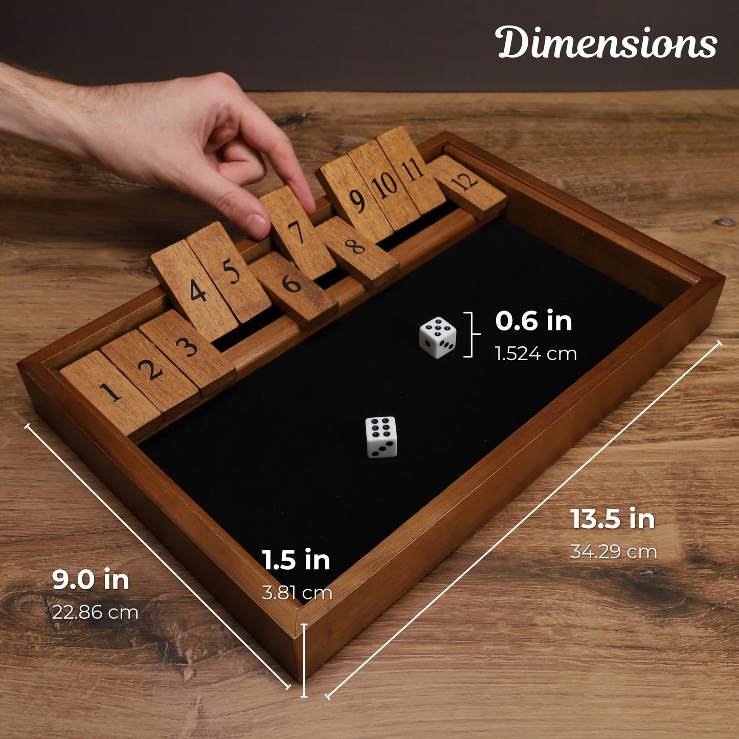 WE Games Wooden Shut the Box - Close the Box Set with 12 Number Tiles & 2 Dice Games - 13.5” Walnut Stained Finish