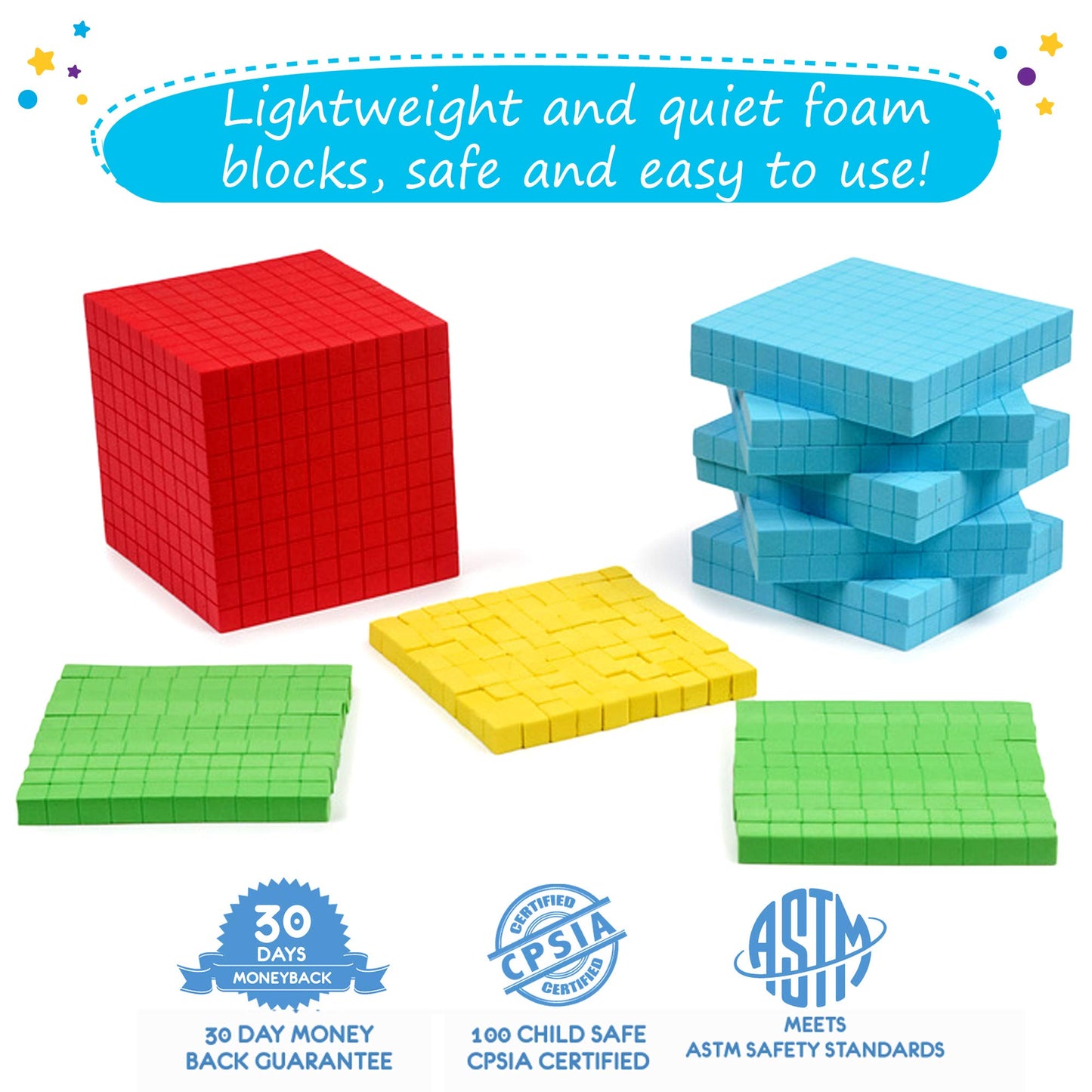 Simply magic 131 PCS Foam Base Ten Blocks for Math - Place Value Blocks, Base 10 Math Manipulatives K-3, Math Counters, Number Blocks, Math Cubes
