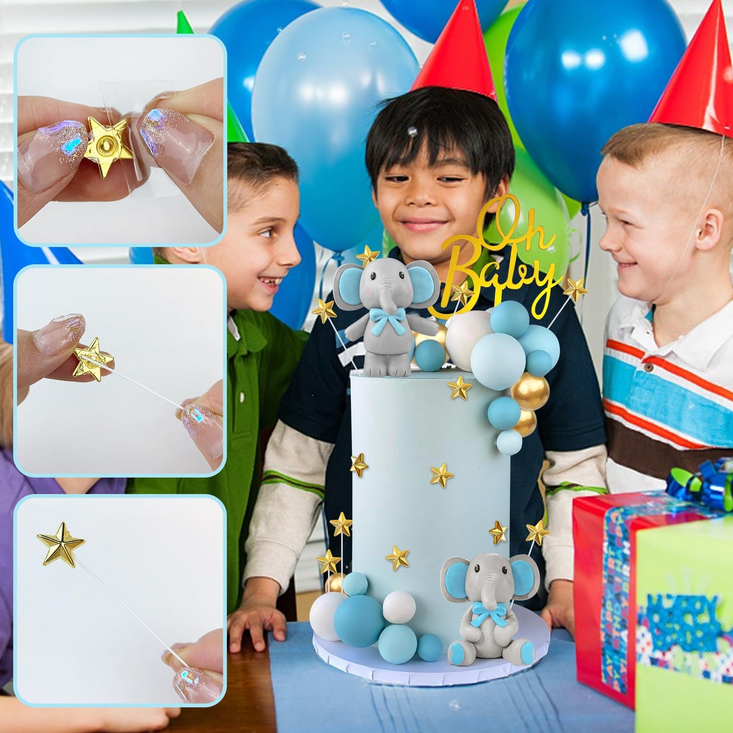 43 PCS Blue Elephant Cake Decoration Cute Baby Elephant Cake Decorations Cake Topper Star Cake Topper Blue Pearl Balls Cake Picks for Baby Shower Boy