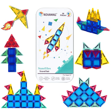 NOVAMAG Mini Magnetic Tiles Travel Set - Airplane, Travel Activities for Toddlers & Kids Ages 4-8 - Car, Road Trip, Plane Toys & Essentials, STEM
