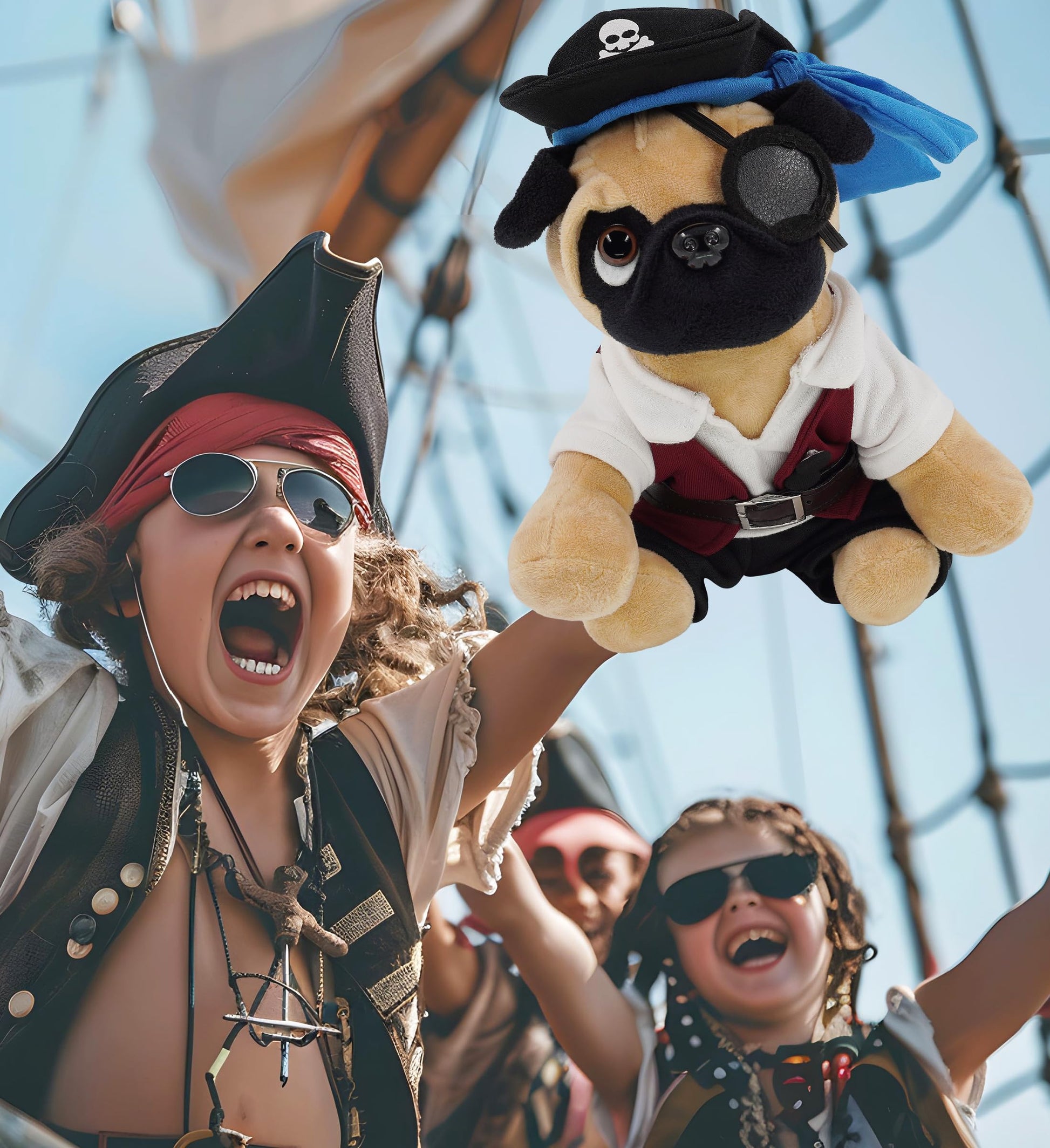 DolliBu Pug Dog Stuffed Animal with Pirate Dress Up and Name Personalization - Sea Adventure Plush Toy with Cute Pirate Costume - Hat, Shirt, Pants