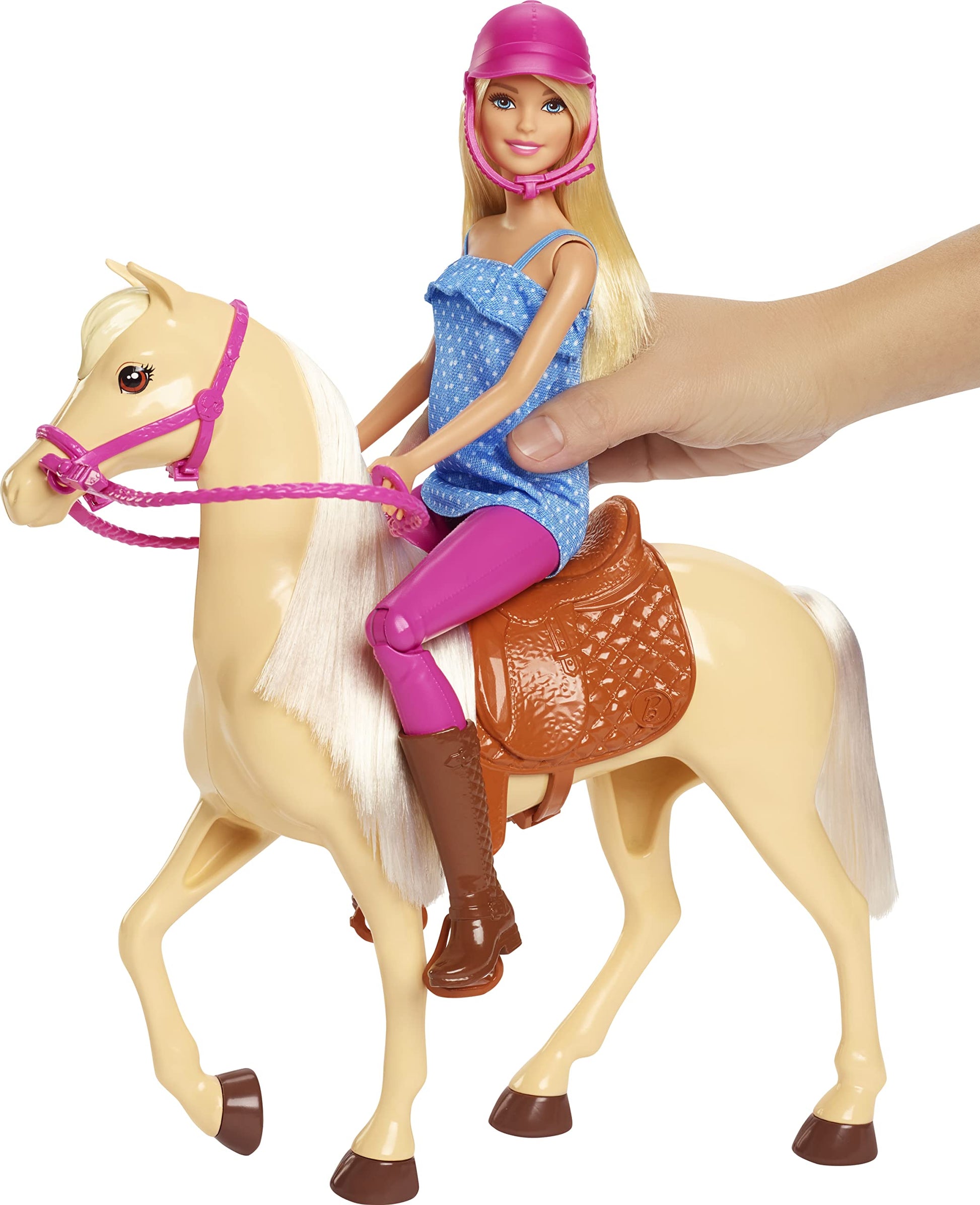 Barbie Doll, Blonde, Wearing Riding Outfit with Helmet, and Light Brown Horse with Soft White Mane and Tail, Gift for 3 to 7 Year Olds (Amazon