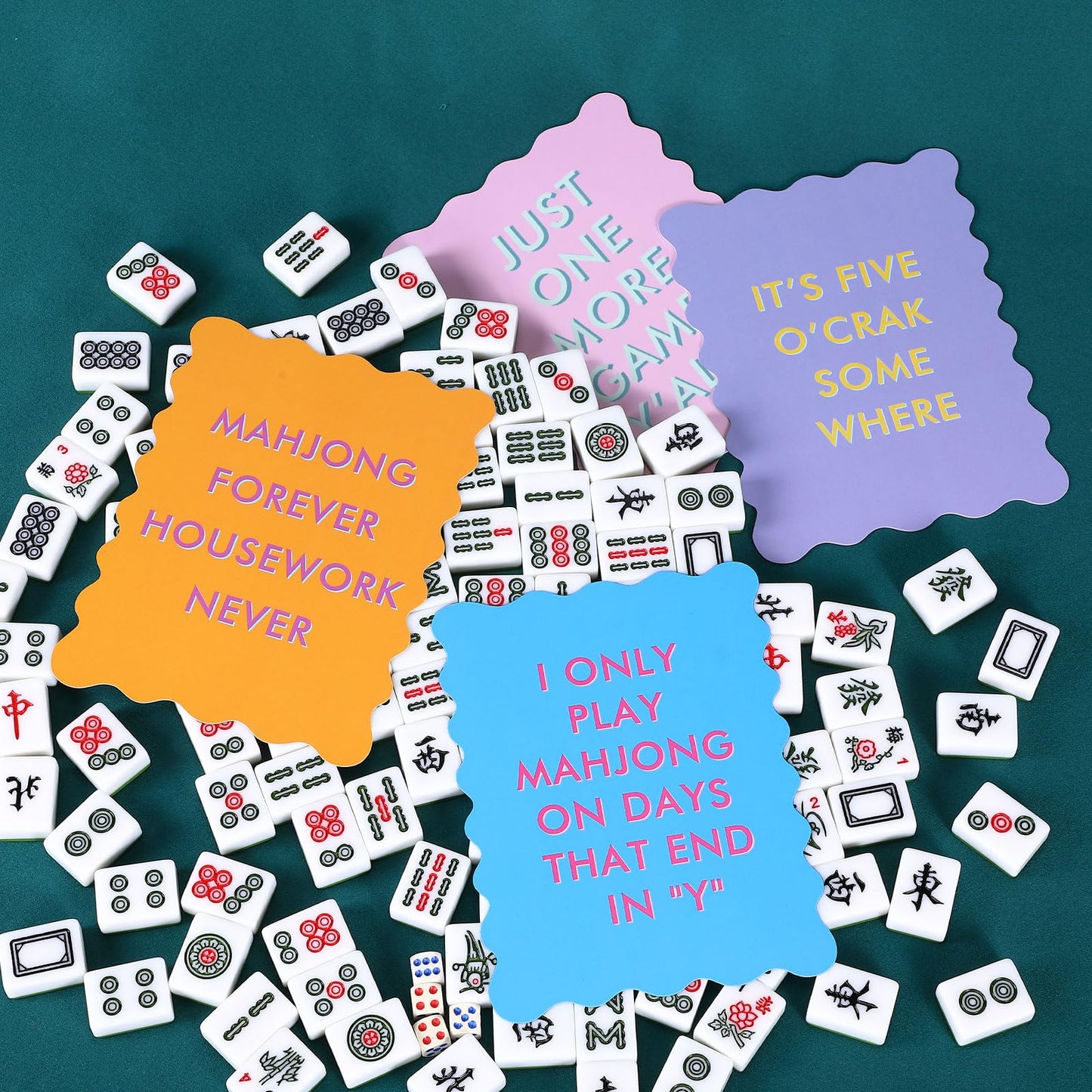 Maitys 4 Pcs Color Mahjong Shuffler Cards with Funny Sayings for Mixing Shuffling Tiles Thick PVC Shufflers with Wavy Scalloped Edges Mahjong
