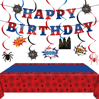 Spider Party Decorations Spider Web Themed Tablecloth Happy Birthday Banner Hanging Swirls for Baby Shower Spiders Birthday Party Supplies (Spider