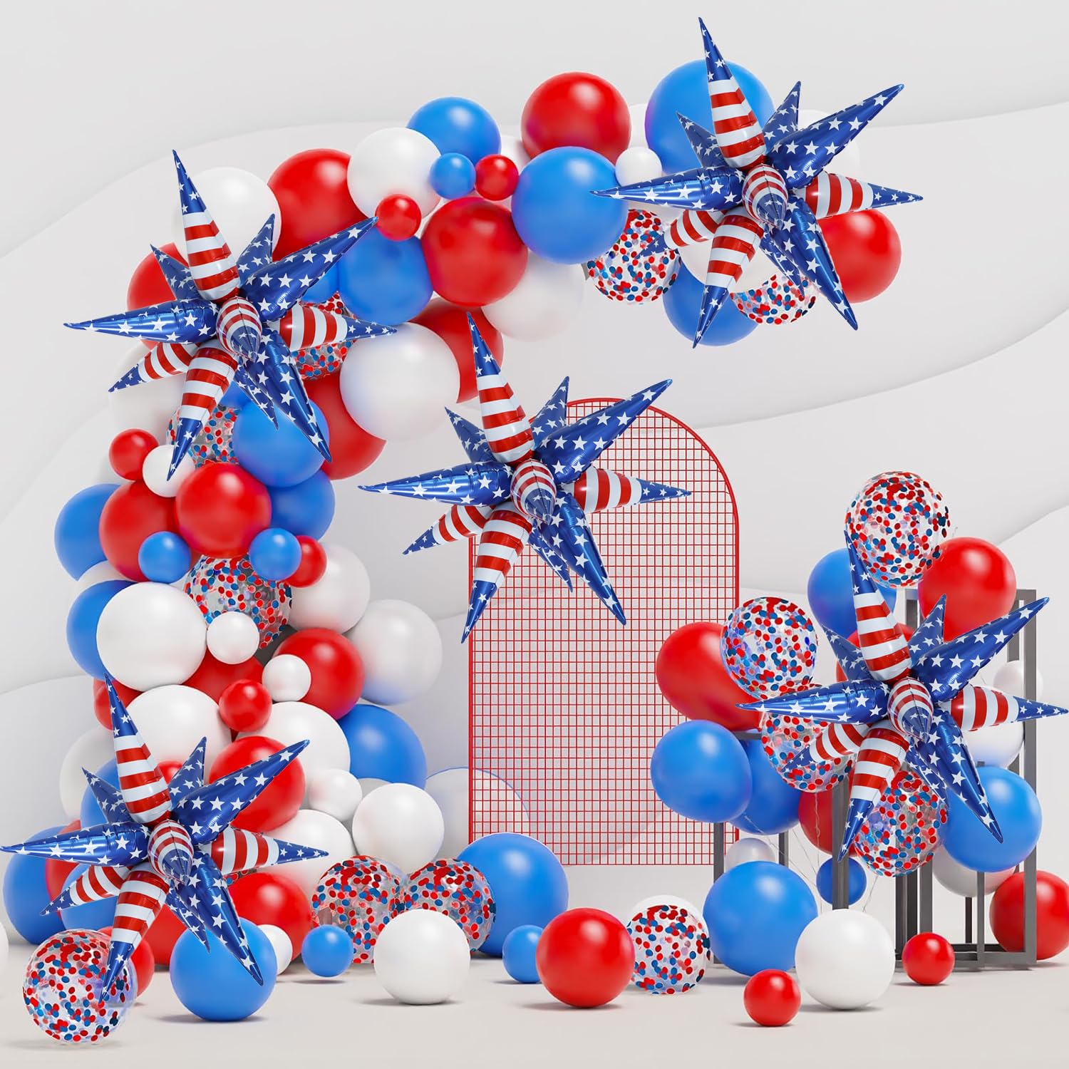 32inch Red White Blue Star Balloons 5 * 12 Pcs Foil Explosion Star Patriotic Balloons for Independence President MLK Day Patriotic Veterans Party