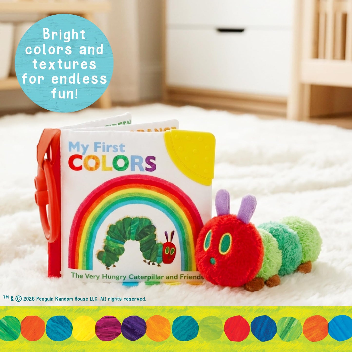 Eric Carle My First Colors Soft Book & 6" Plush Caterpillar Set - Sensory Toy with Crinkle and Teether - Ring for Car Seat and Stroller