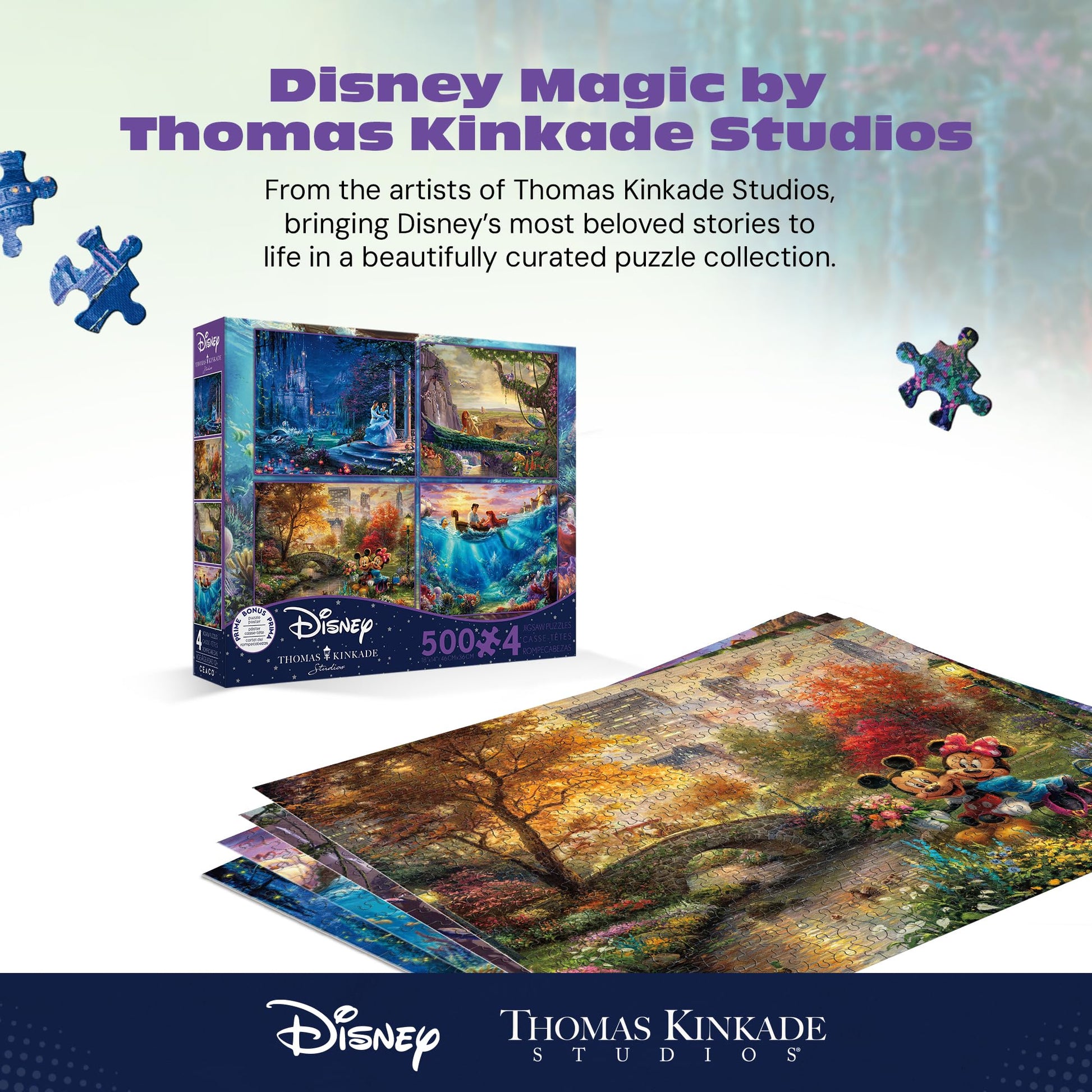 Ceaco - 4 in 1 Multipack - Thomas Kinkade - Disney Dreams Collection - Cinderella, The Lion King, Mickey and Minnie, & The Little Mermaid - (4) 500